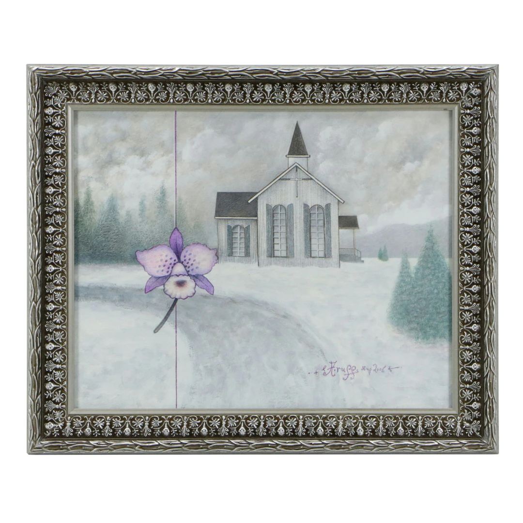 Elmer A. Ruff Surrealist Style Mixed Media Painting with Church and