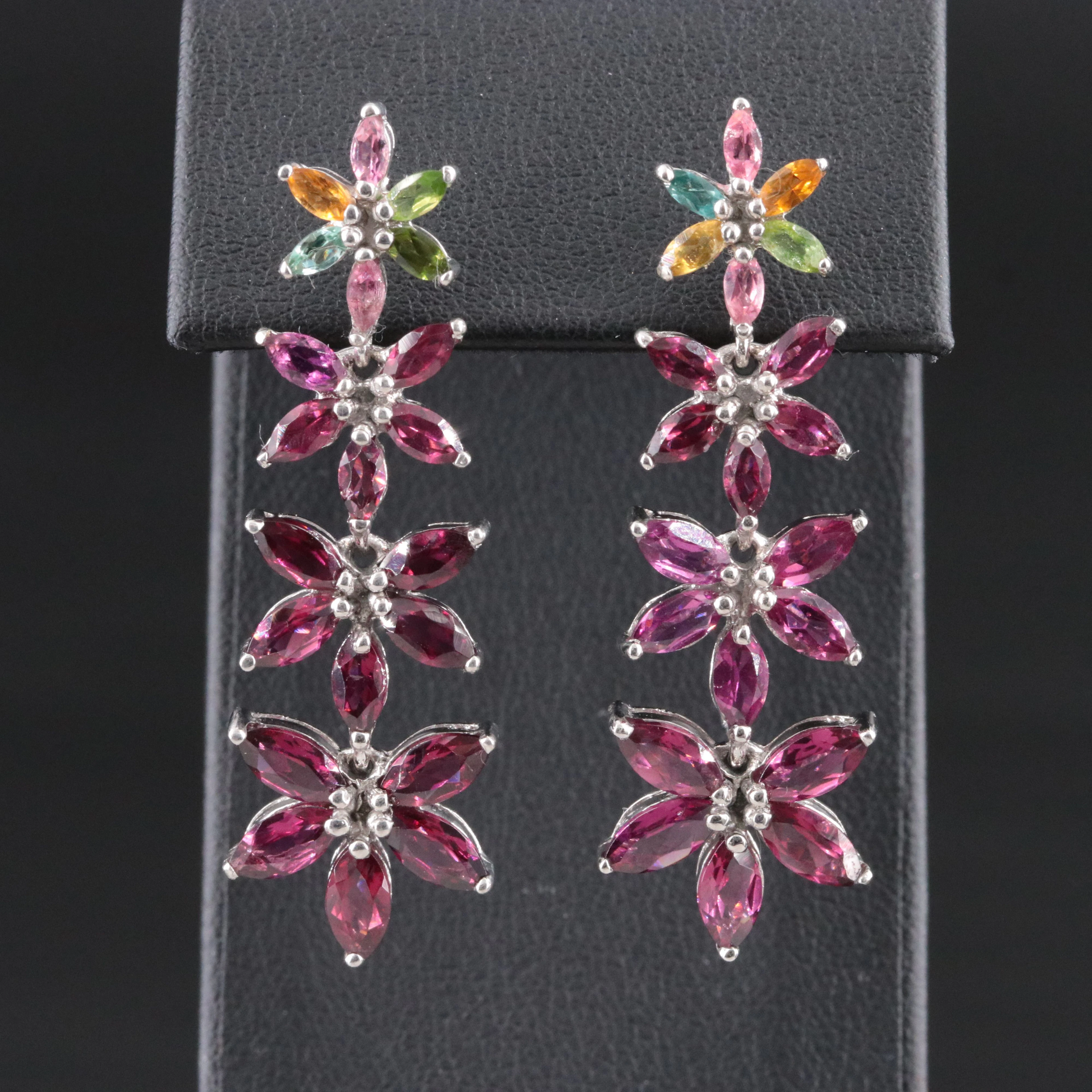 Sterling Graduated Garnet and Tourmaline Floral Earrings