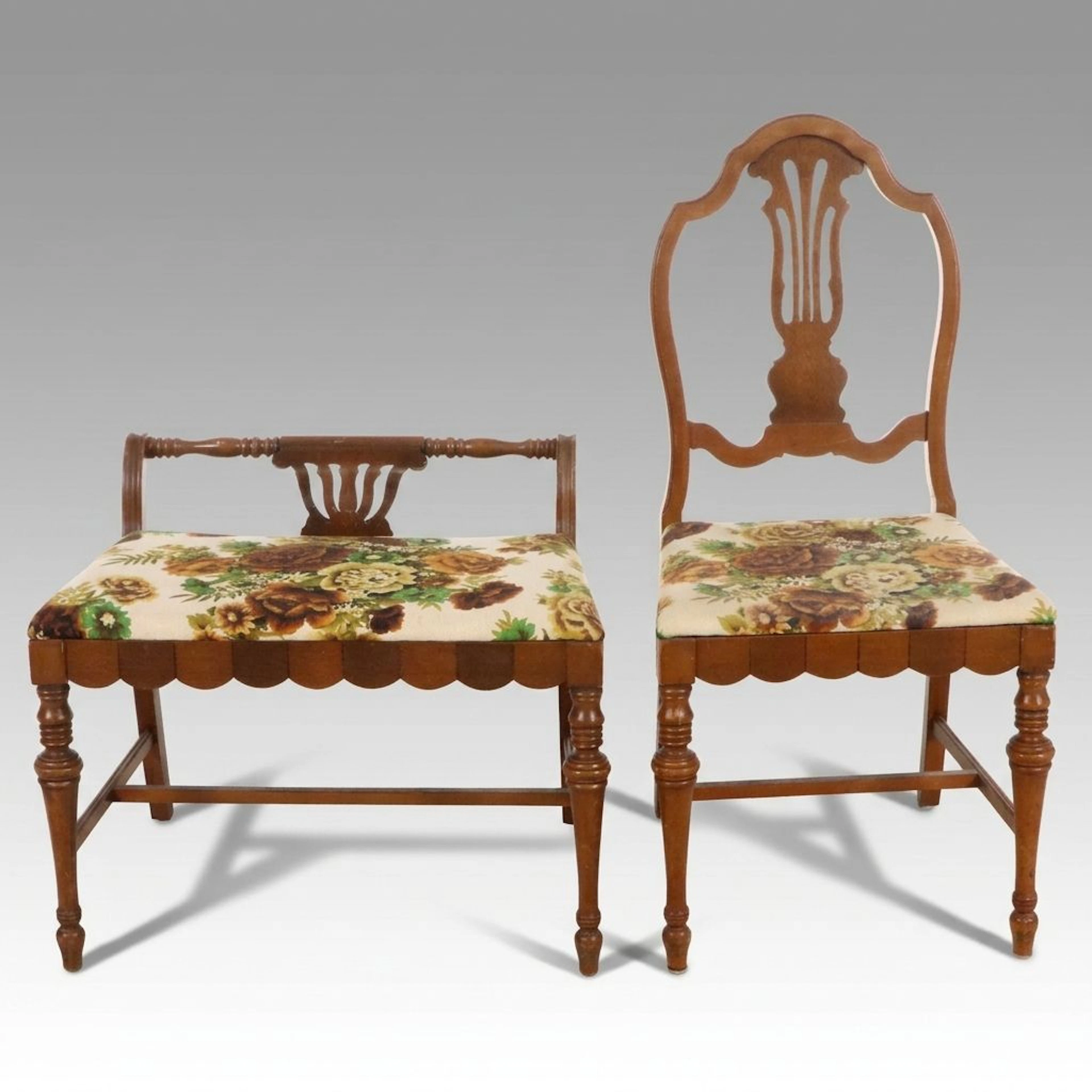 Union Furniture Co. Jacobean Style Side Chair and Vanity Bench, Mid-20th