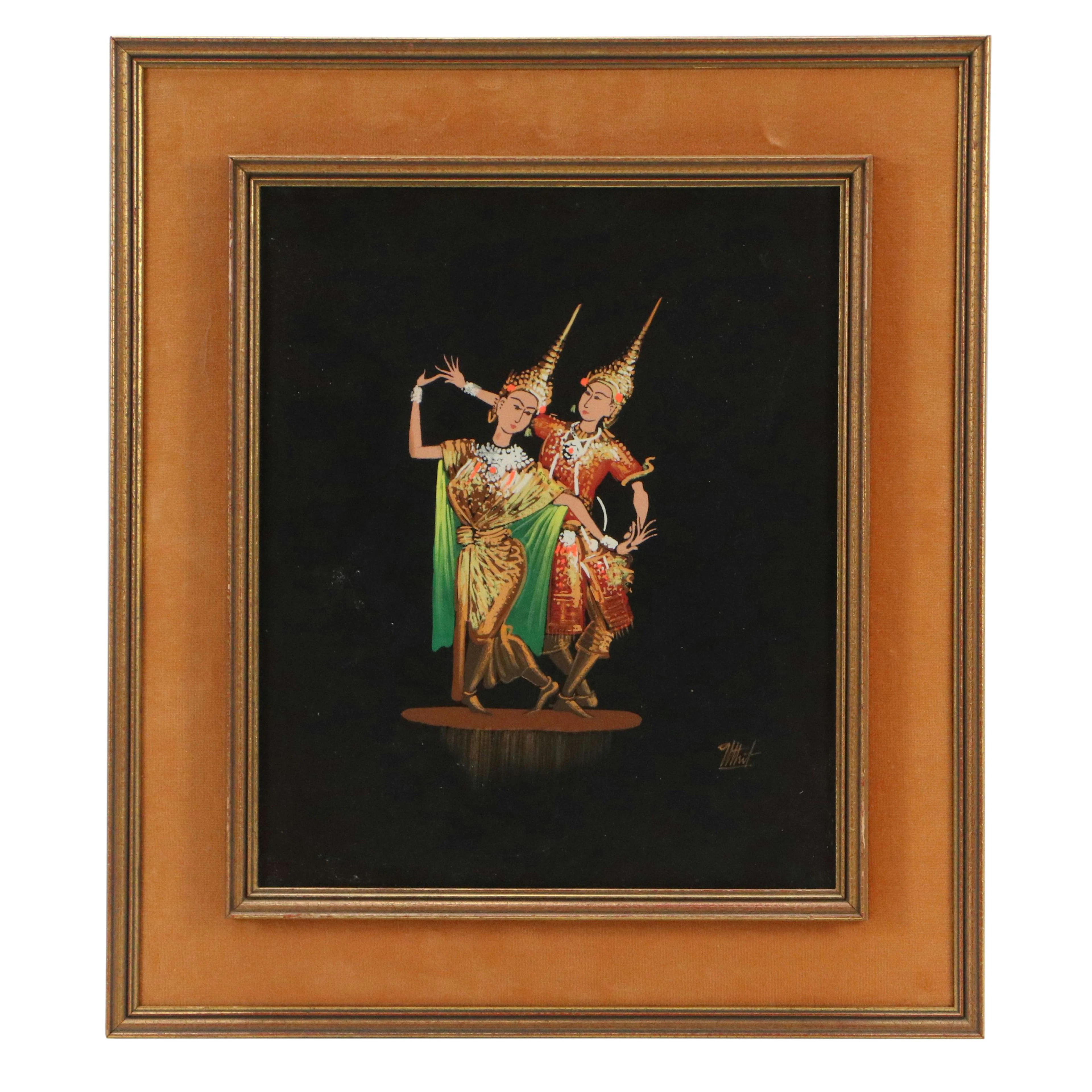 Thai Folk Art Gouache Painting of Ceremonial Dancers