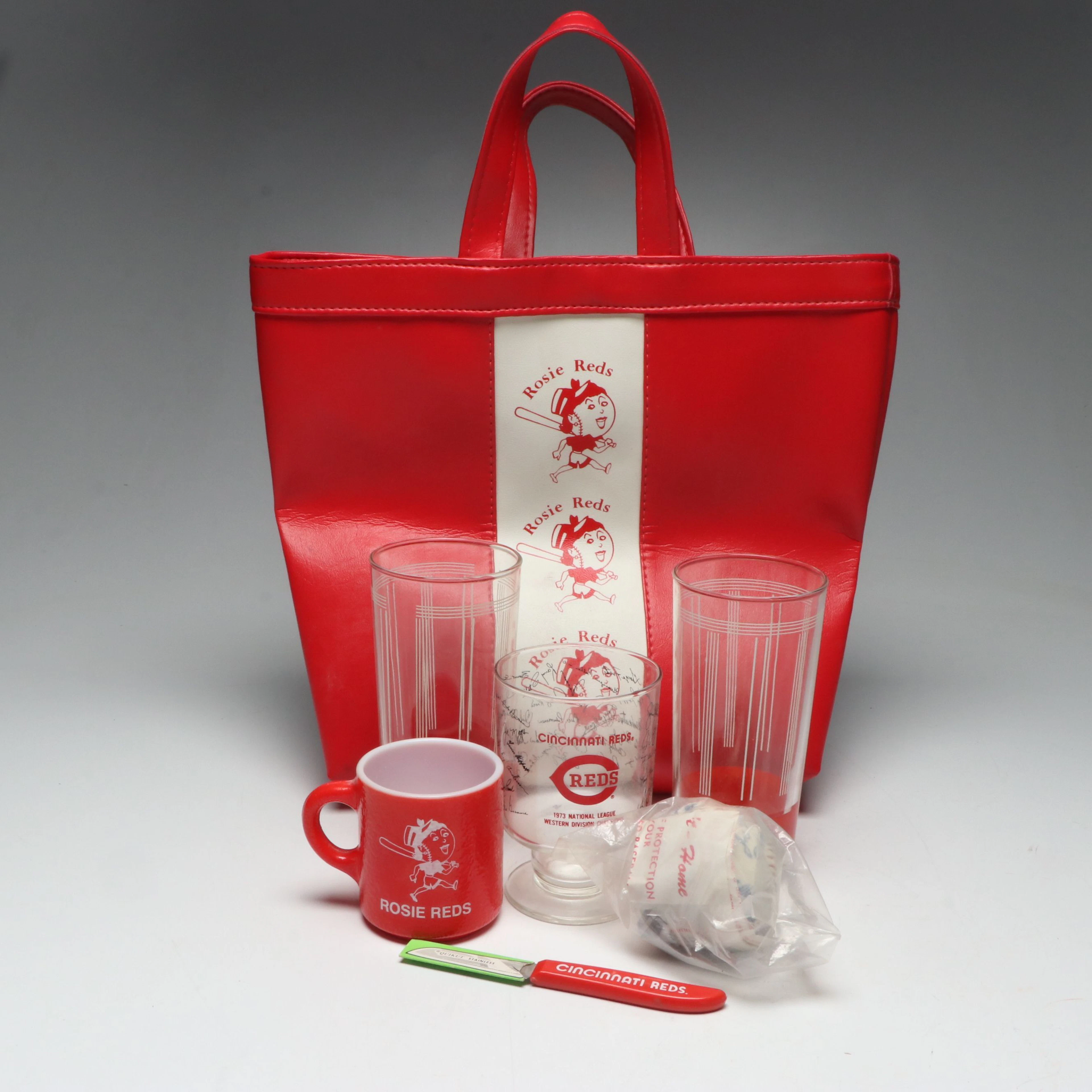 Cincinnati Reds Drinking Glasses, Handbag, Facsimile Signed Baseball, and More