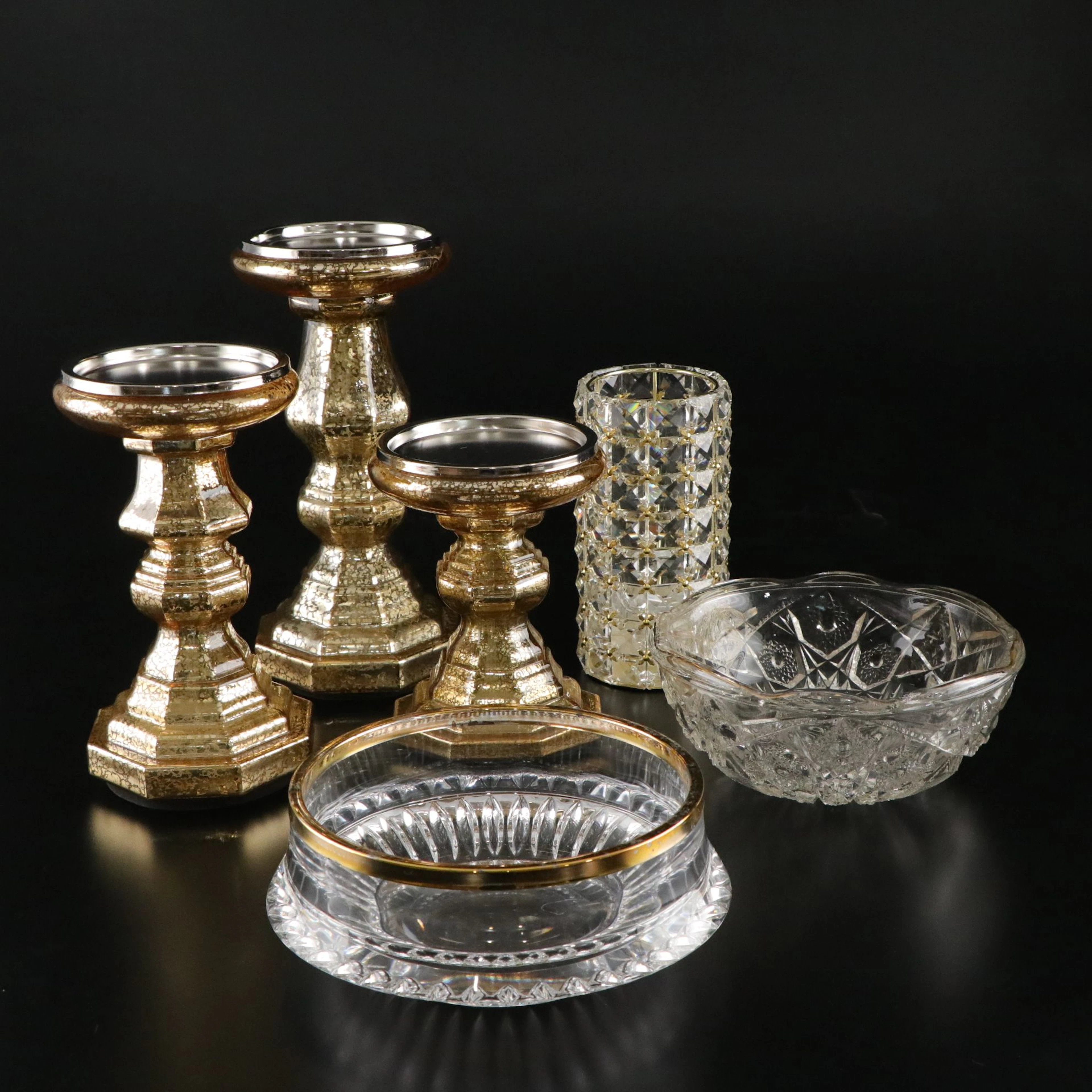 Three Tiered Candle Holders with McKee "Toltec Clear" Bowl & More