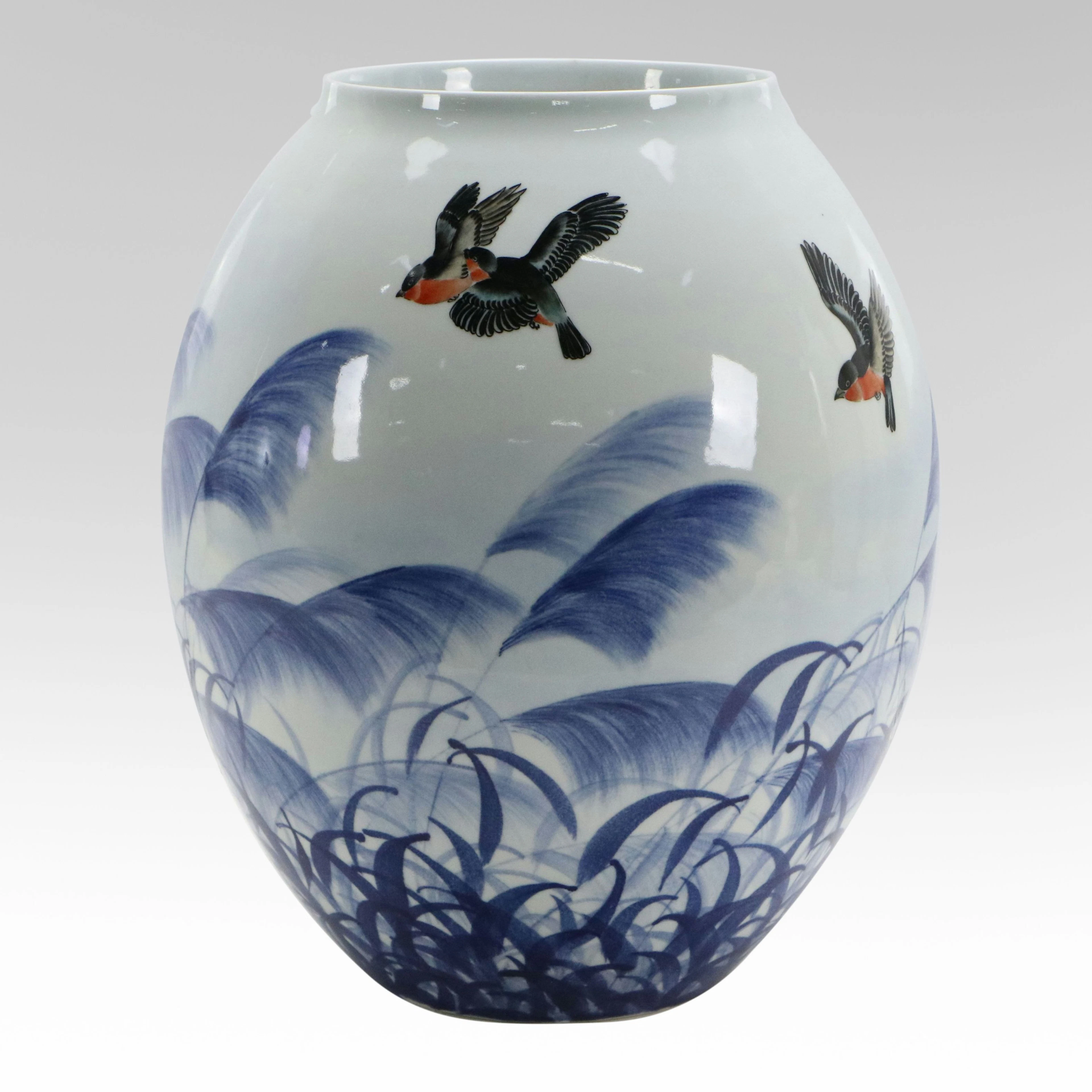Japanese Large Hand-Painted Porcelain Ovoid Bird Vase