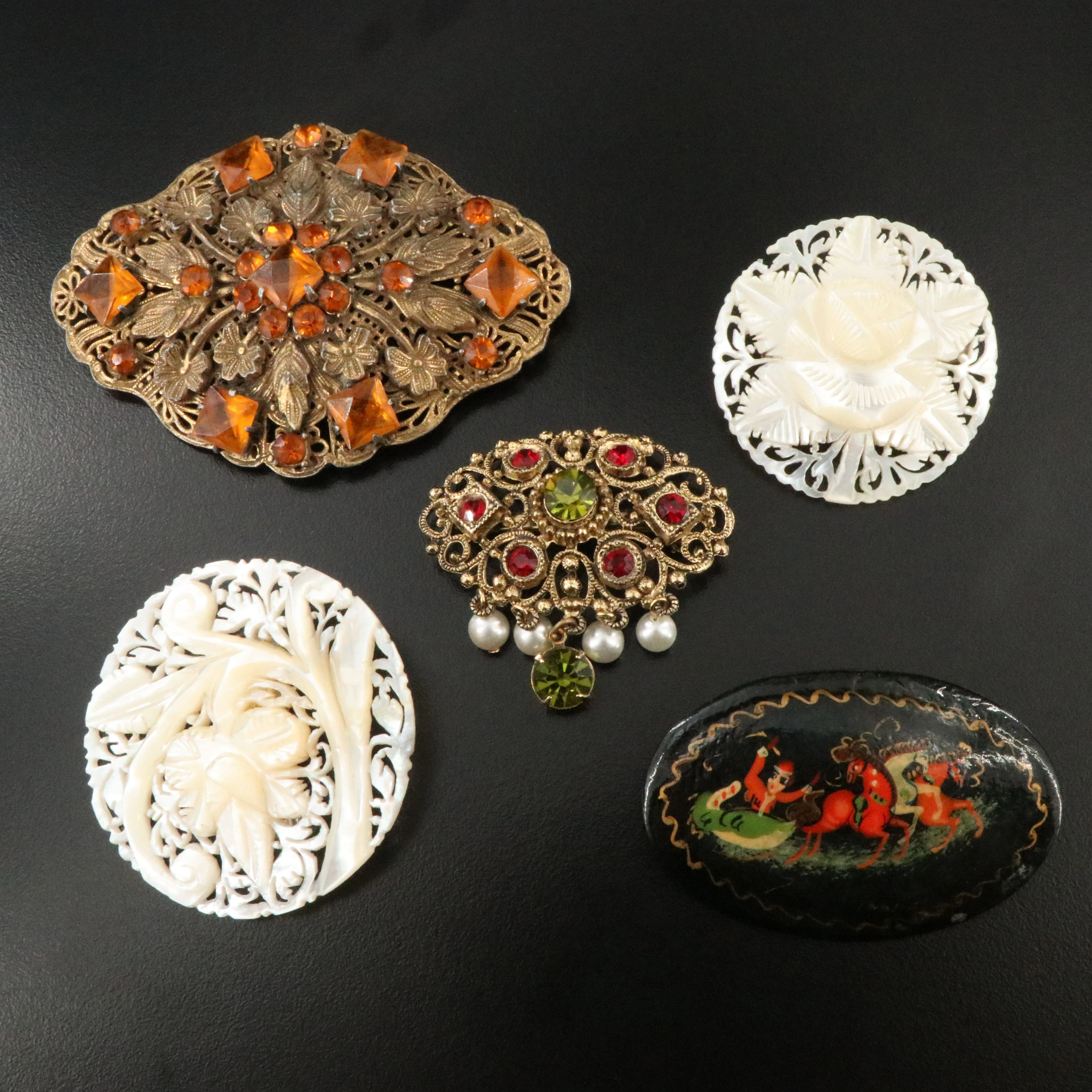 Vintage Brooch Grouping Including Mother-of-Pearl Cut Work Foliate Carvings