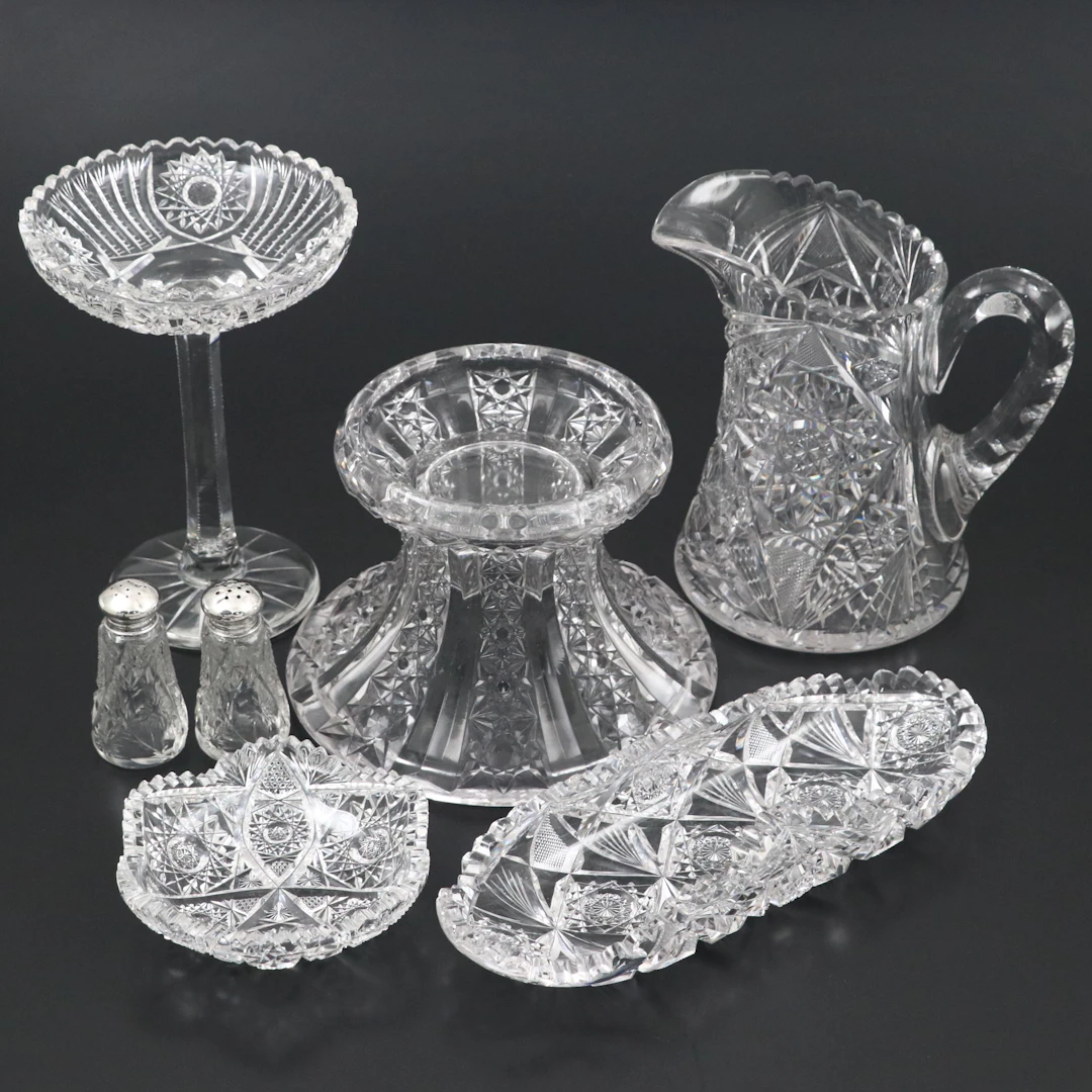 American Brilliant Style Cut Glass Pitcher and Table Accessories, 20th Century