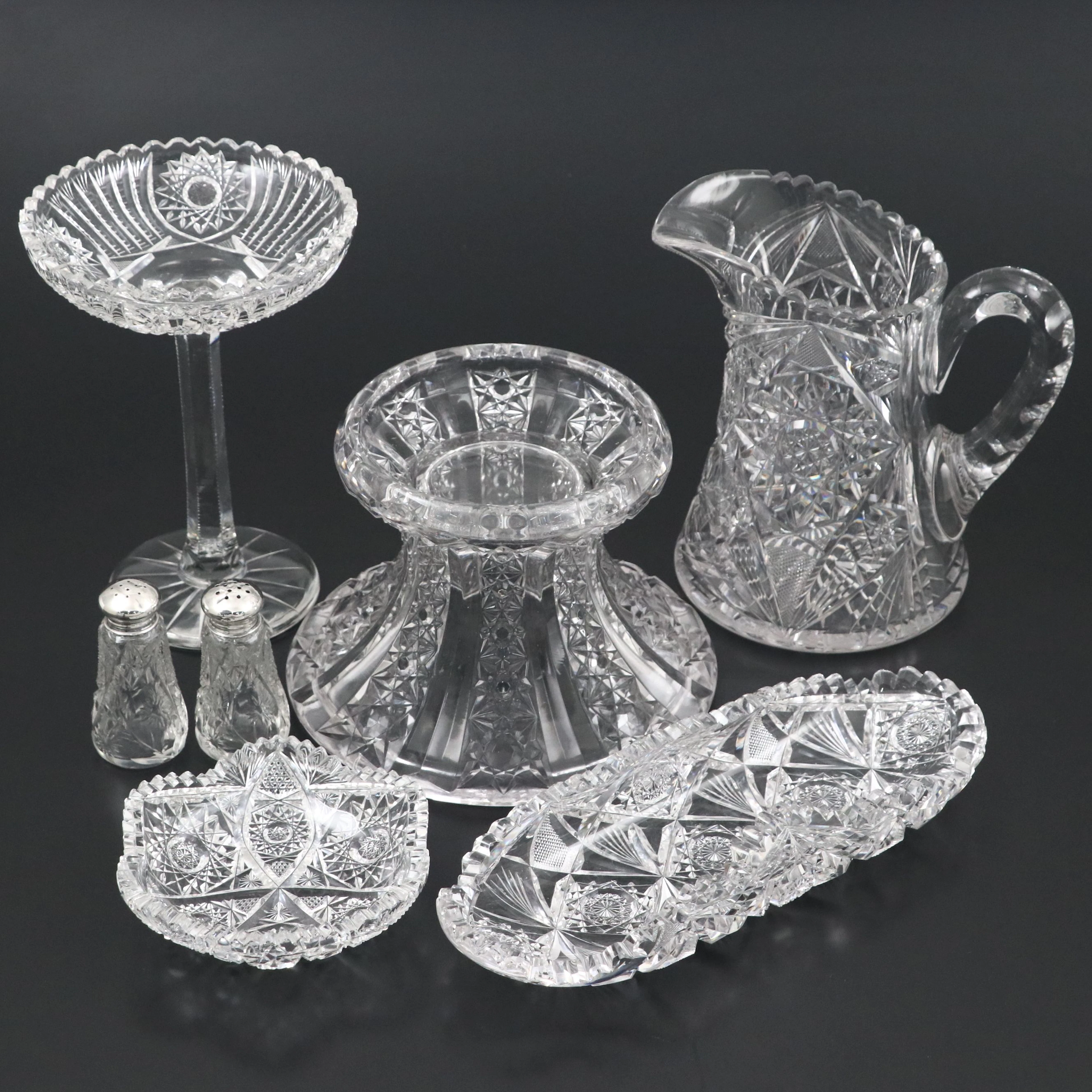 American Brilliant Style Cut Glass Pitcher and Table Accessories, 20th Century