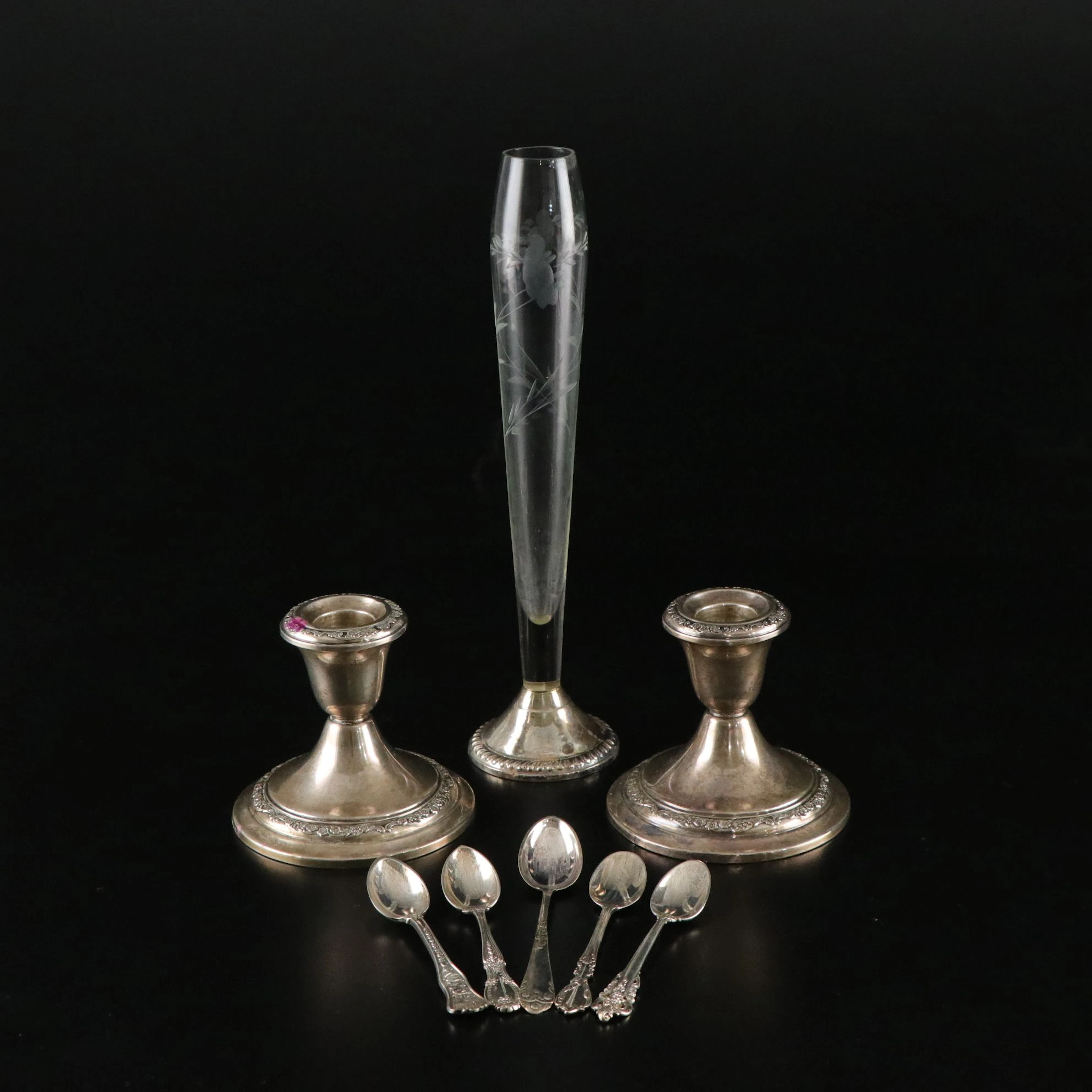 Sterling Silver Spoons, Candle Holders, & Bud Vase, Mid-20th Century