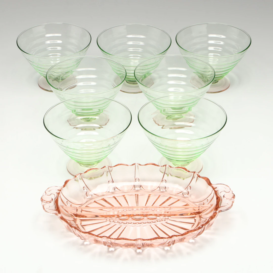 Depression Glass Divided Bowl with Beehive Uranium Glass Dessert Bowls, Vintage