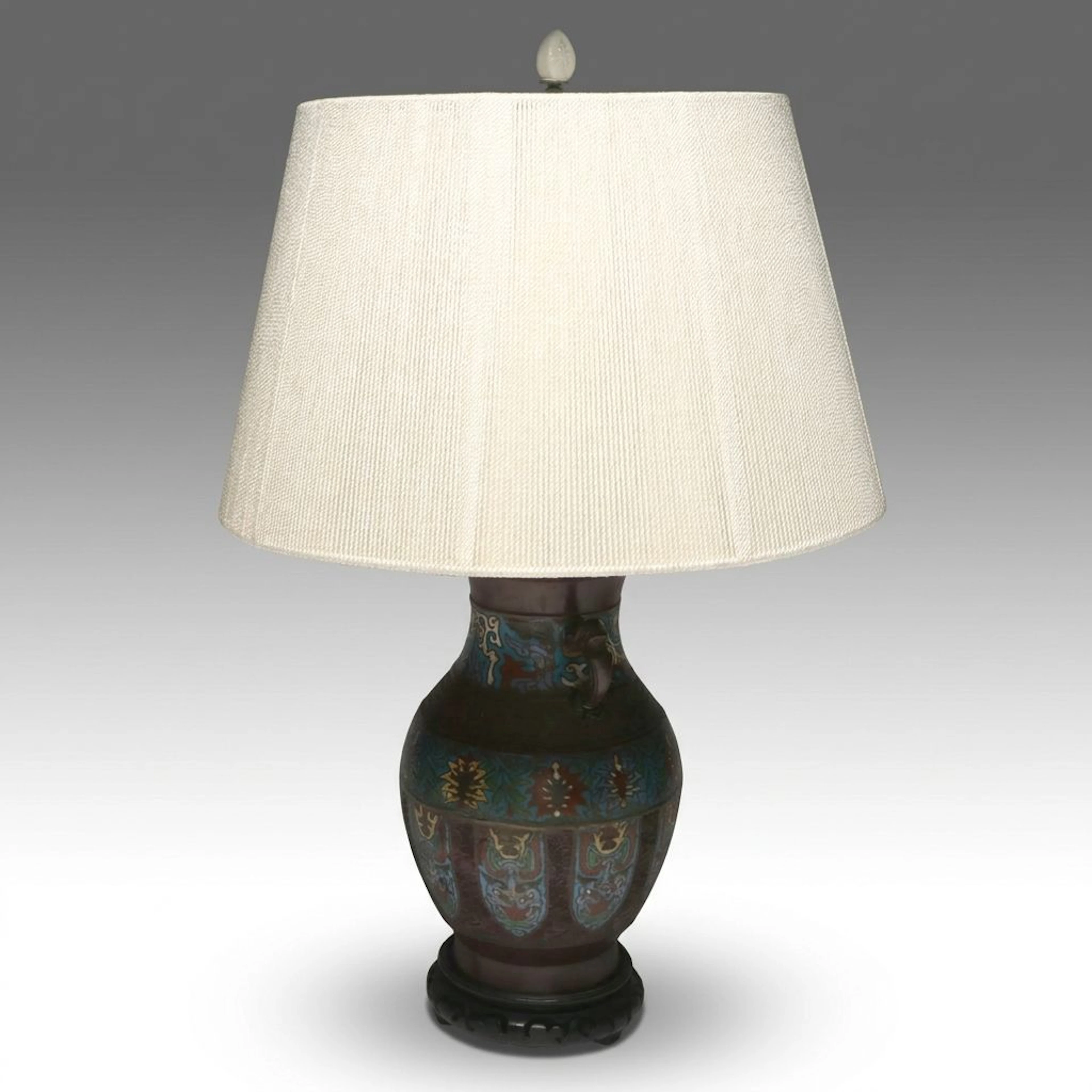Japanese Champleve Bronze Urn Table Lamp with String Shade