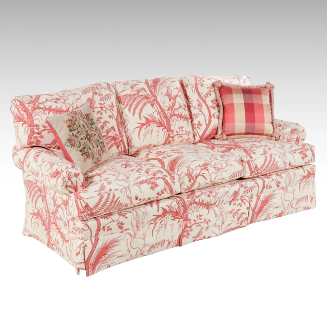 Custom-Upholstered Brunschwig and Fils Toile Roll-Arm Sofa with Accent Pillows