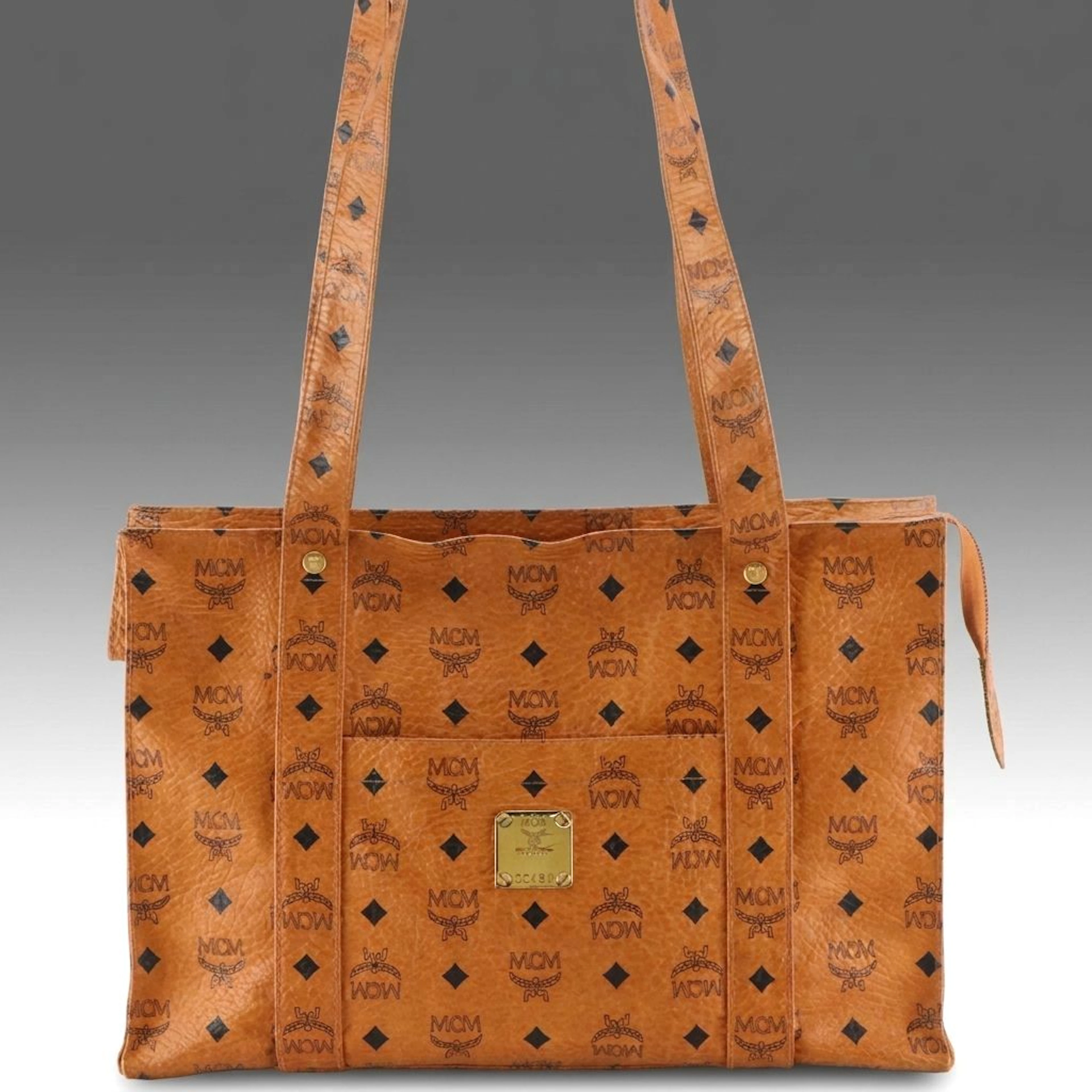 MCM Long Handle Front Pocket Tote Bag in Cognac Visetos Canvas, Vintage