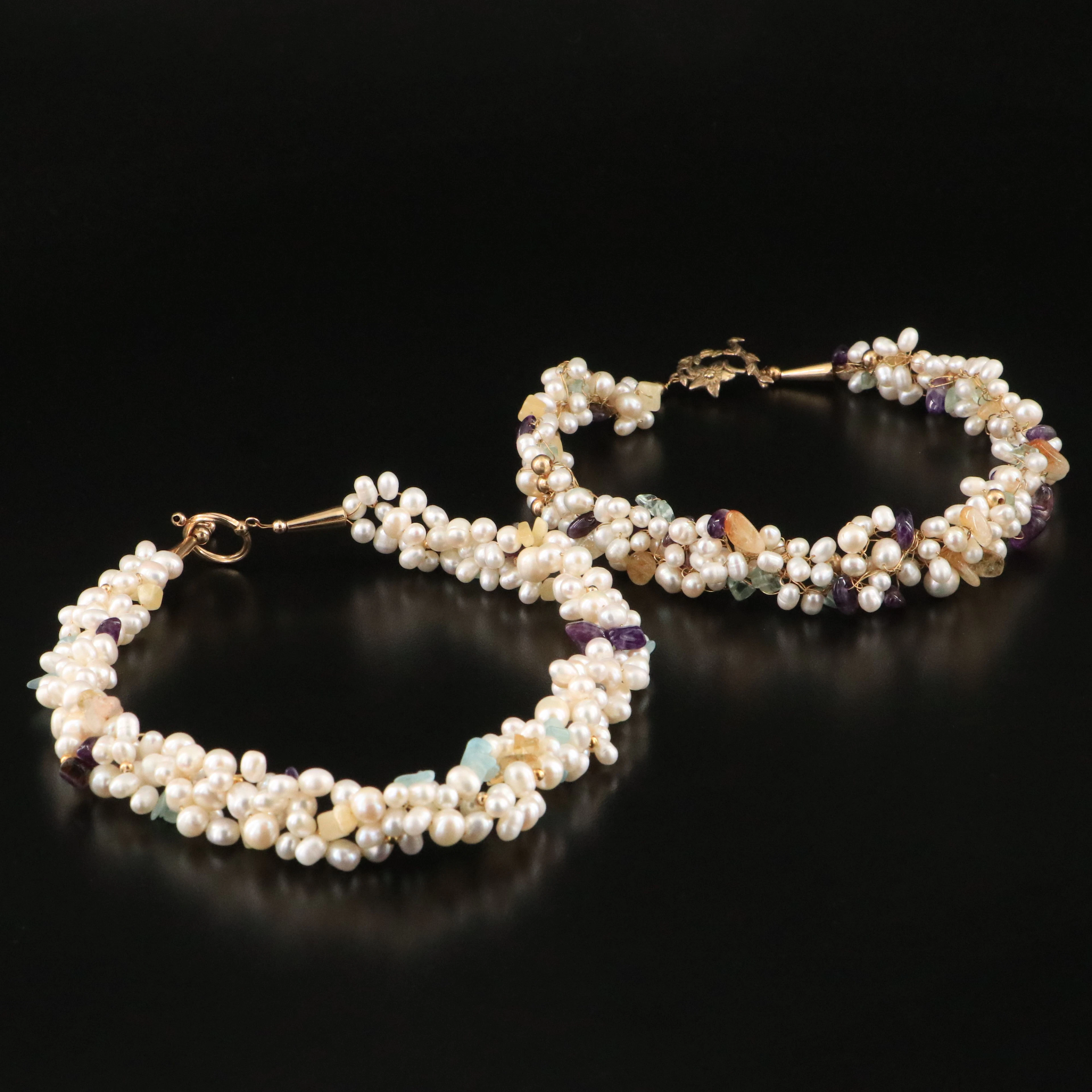 Woven Pearl Necklaces Featuring Amethyst and Citrine