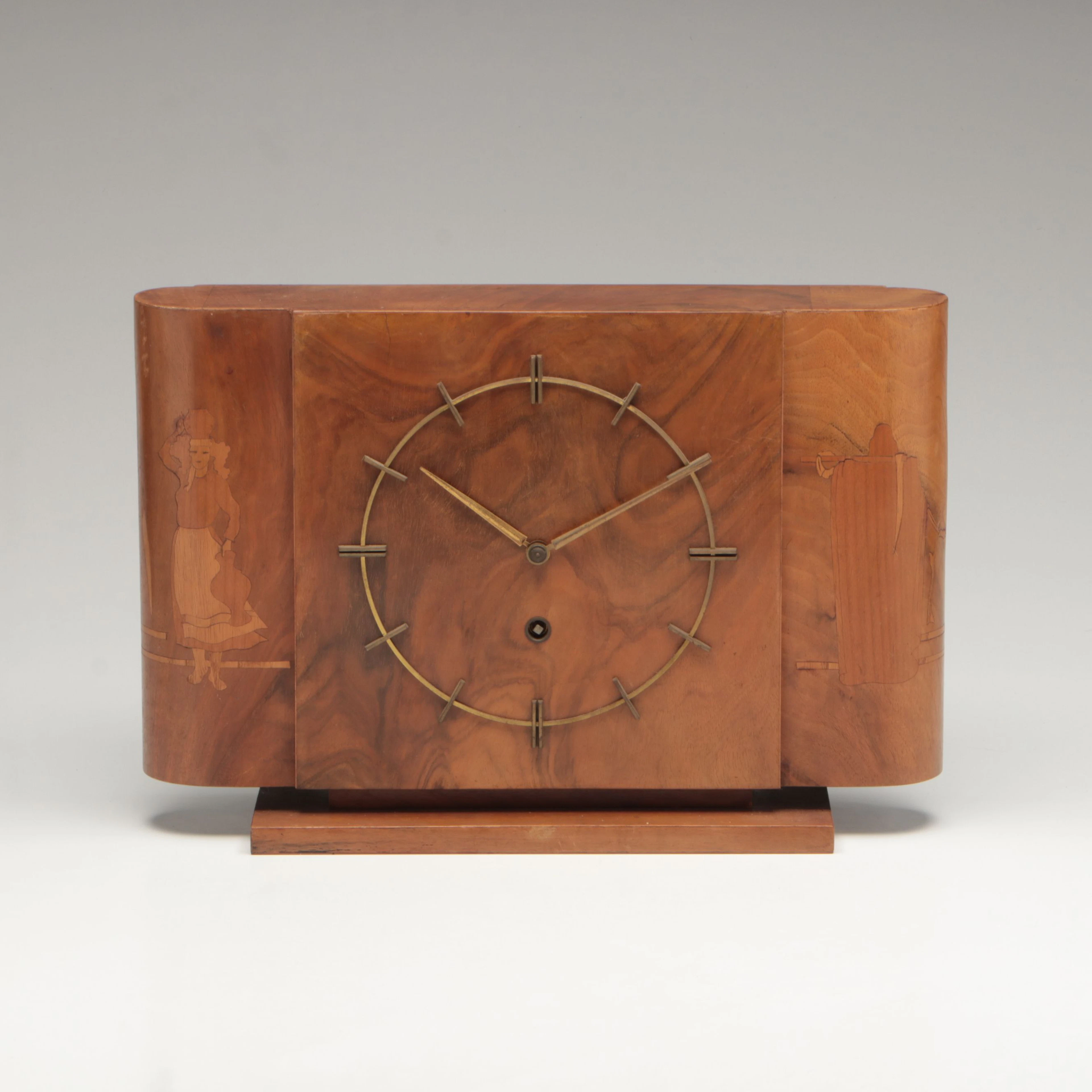 Art Deco Style Burl Veneer Mantel Clock with Figural Inlay, 20th Century