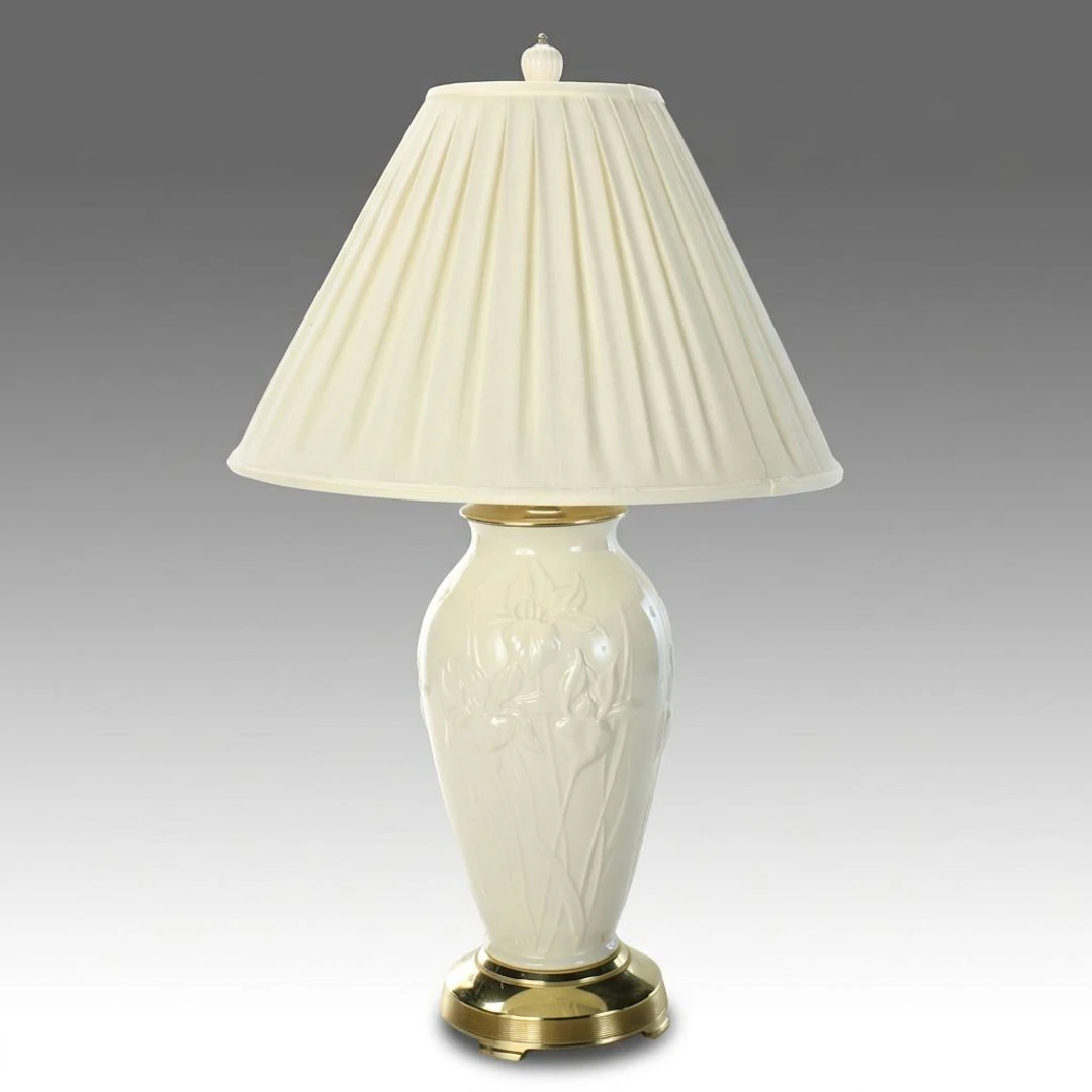 Lenox Porcelain Irises Vase Table Lamp with Silk Shades
