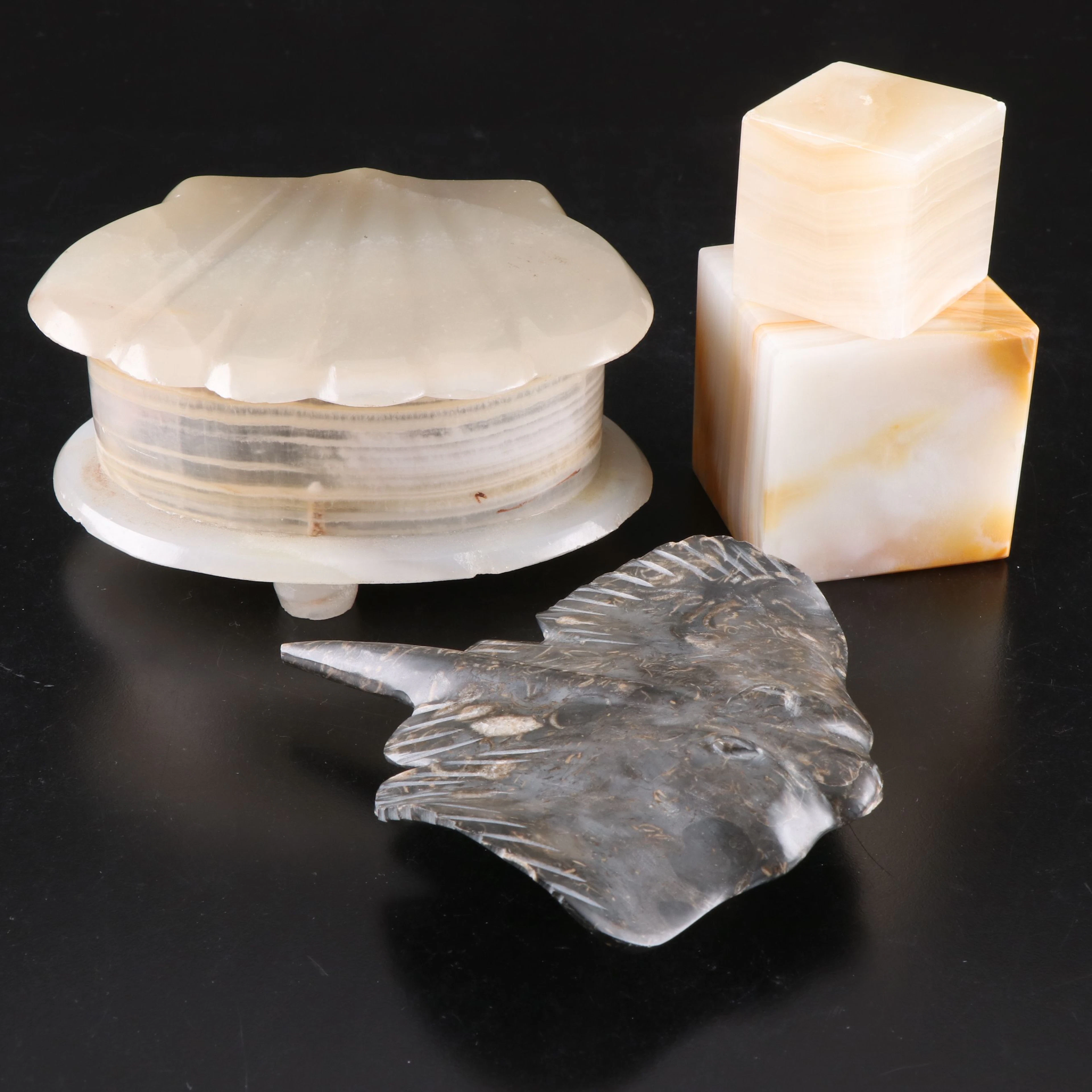 Banded Calcite Blocks with Clam Shell Box and Carved Fossil Stone Ray