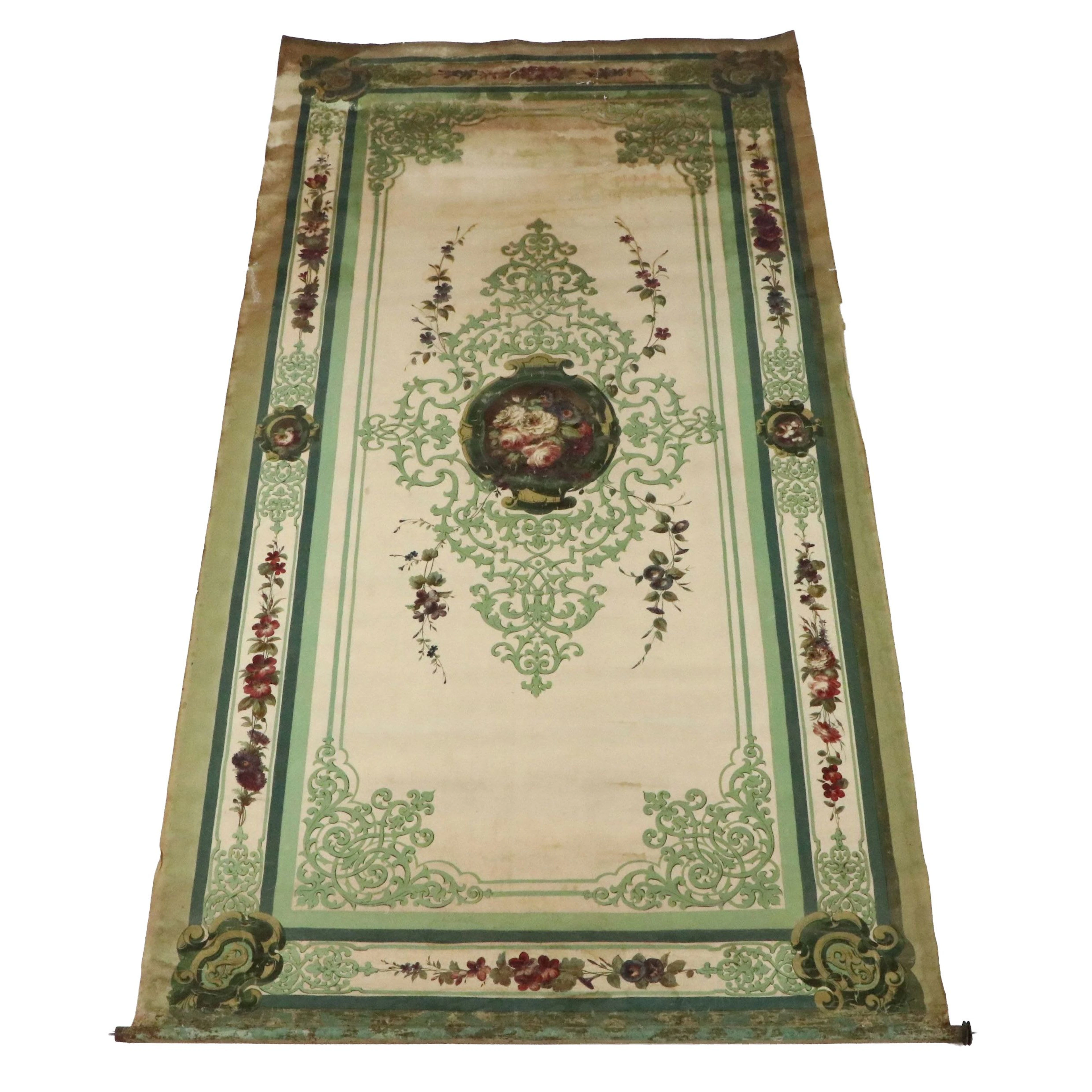 Monumental Rococo Style Floral Gouache Painting on Fabric, Circa 19th Century