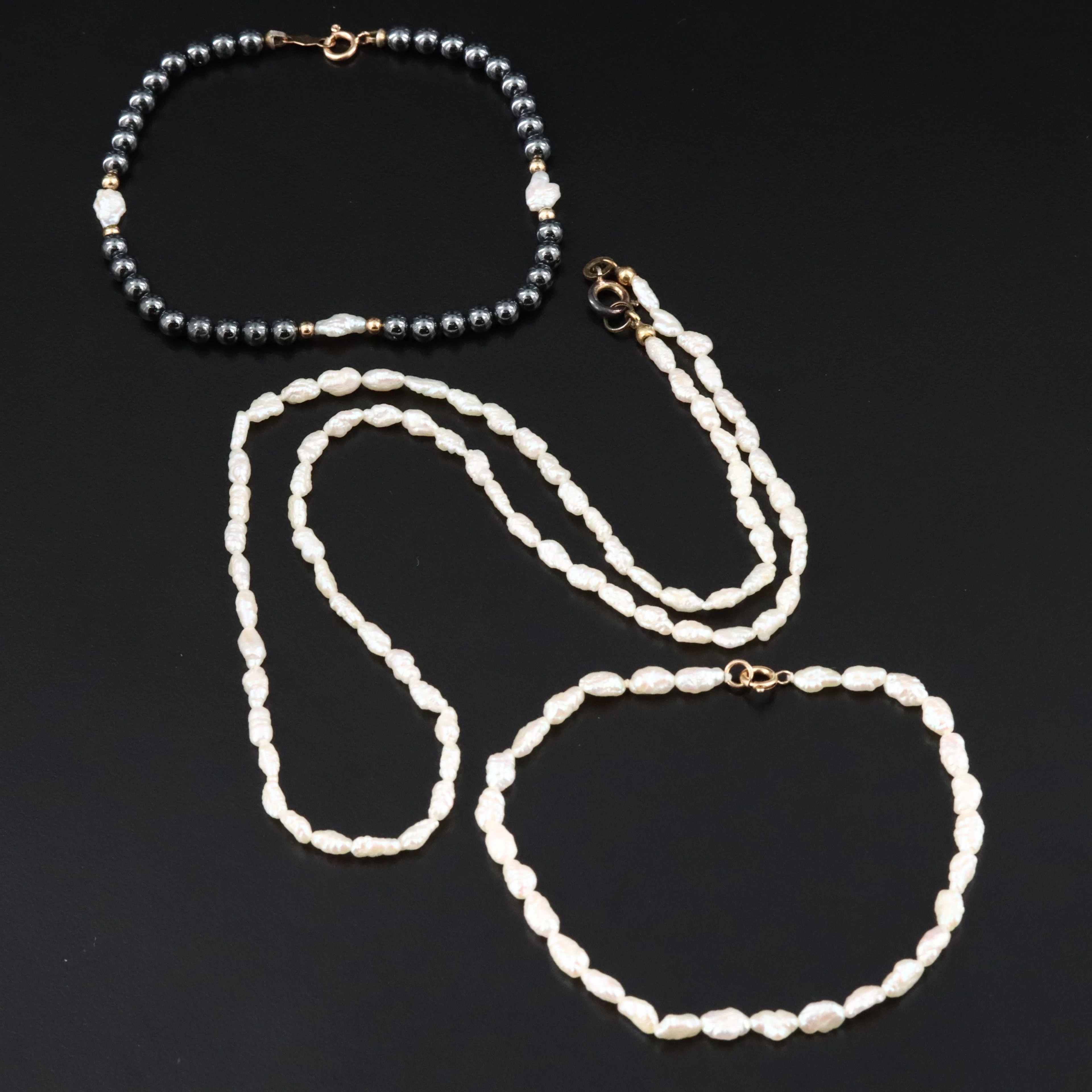 Pearl and Hematite Necklace and Bracelets Featuring 835 Silver and 14K