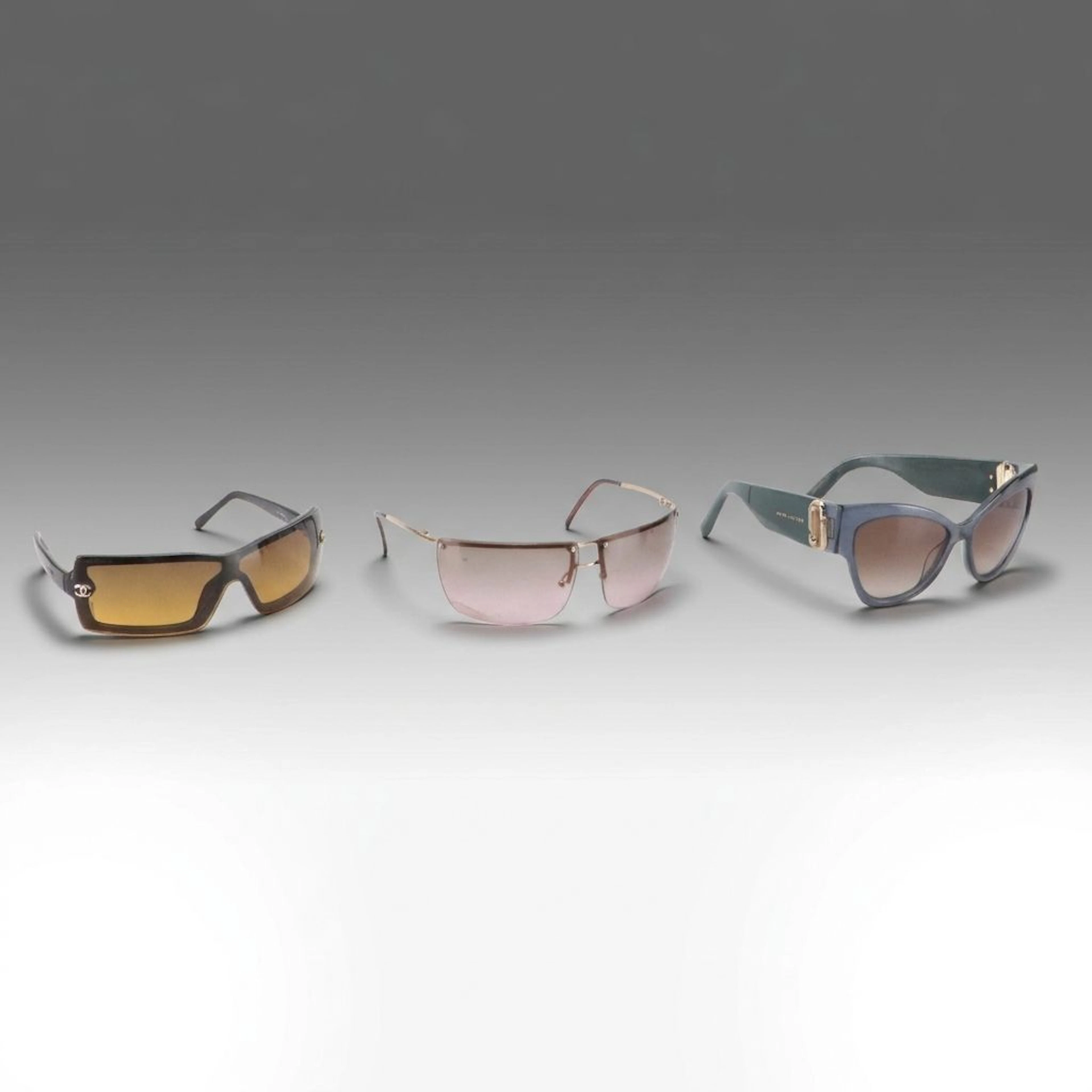 Chanel Shield, Gucci GG2652/S Rimless, and Marc Jacobs Blue Cat Eye Sunglasses
