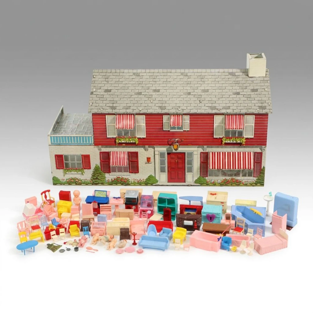 Marx Tin Litho Colonial Style Dollhouse with Accessories, Mid-20th Century