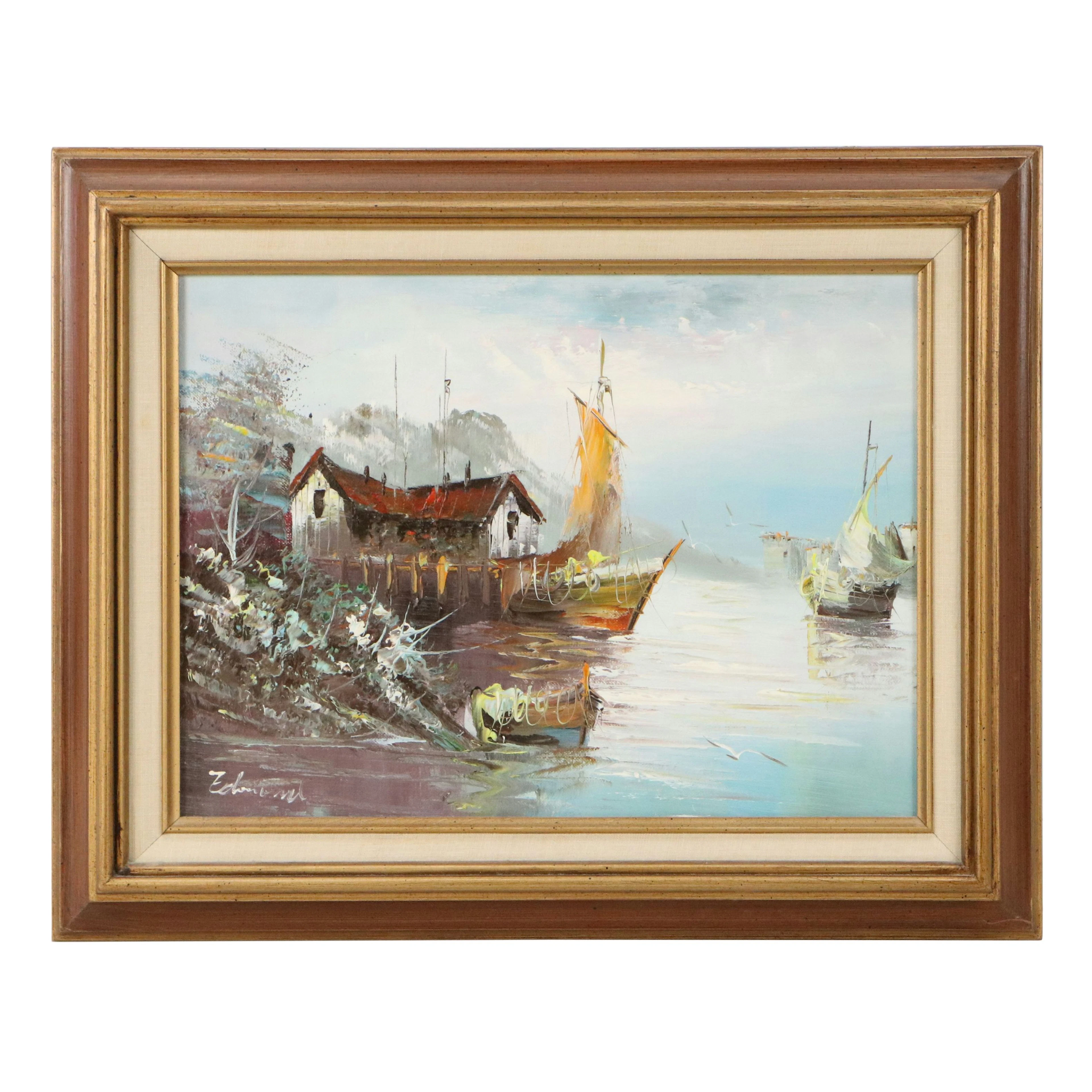 Impressionistic Oil Painting of Ships at Harbor