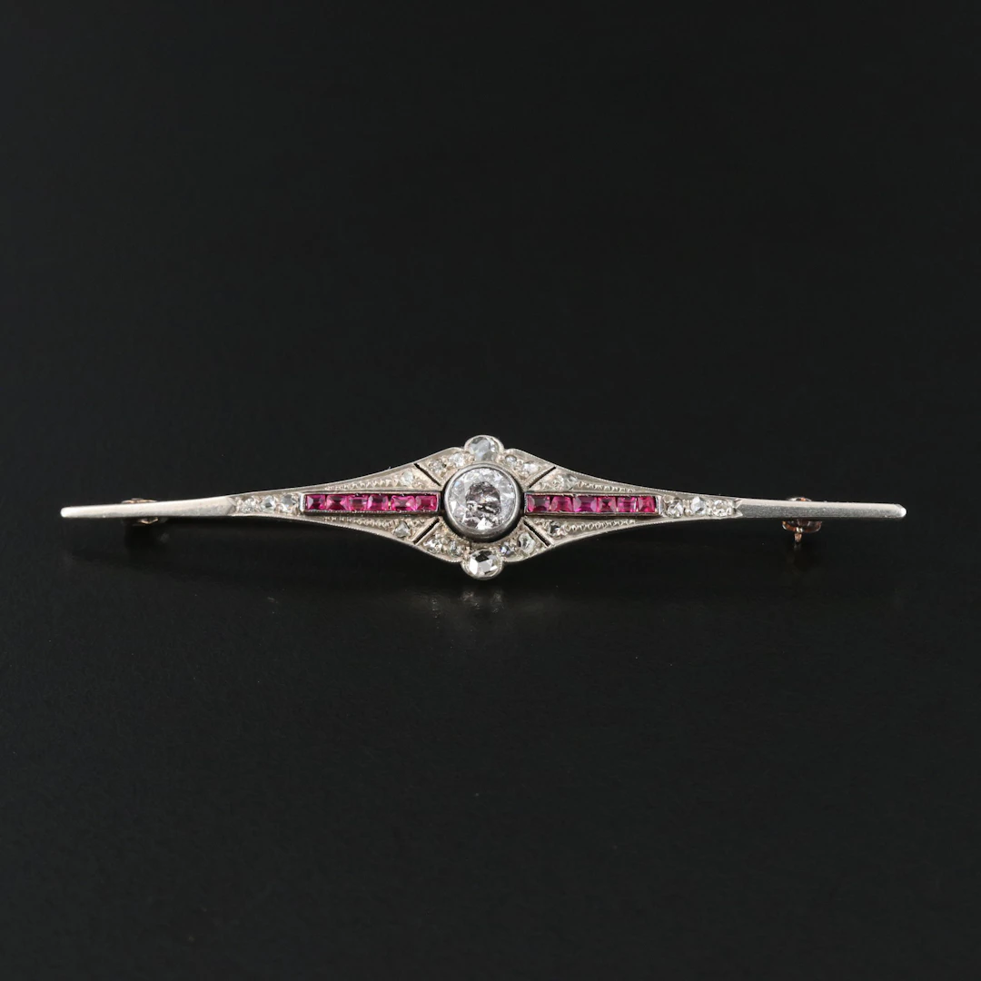Edwardian 14K and Silver Alloy 0.48 CT Diamond Center and Ruby Bar Brooch