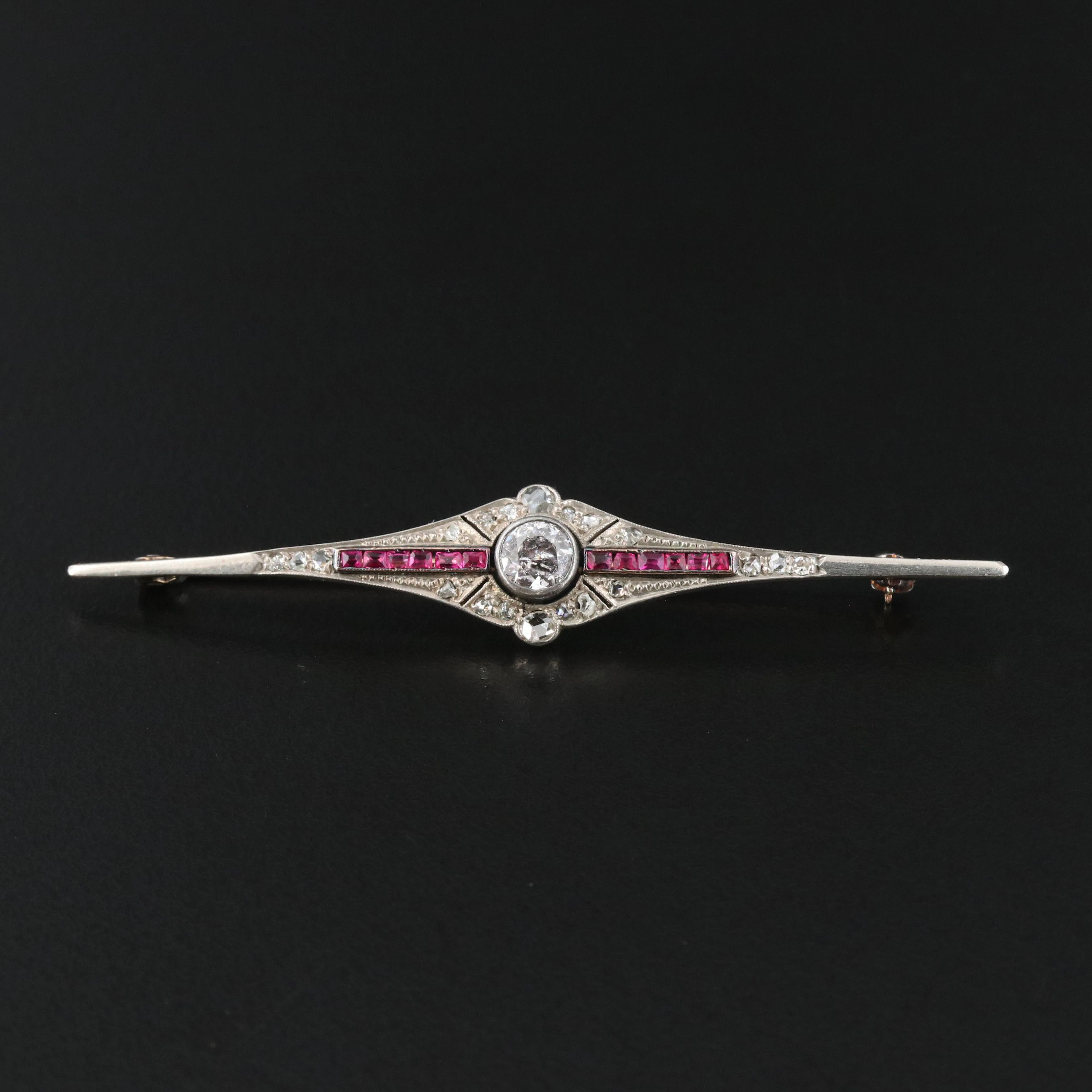 Edwardian 14K and Silver Alloy 0.48 CT Diamond Center and Ruby Bar Brooch