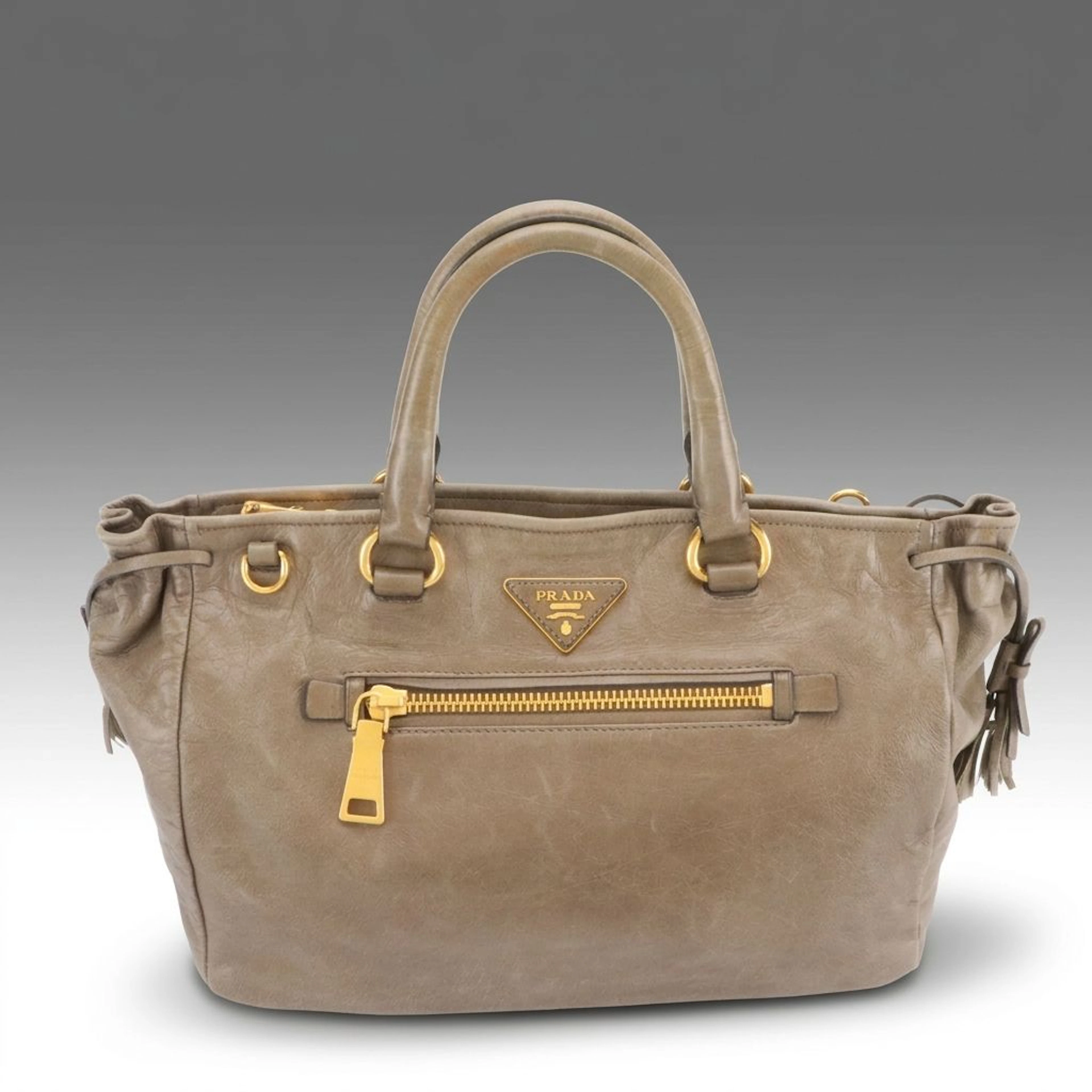 Prada 2 Way Top Handle Bag in Taupe Vitello Shine Leather