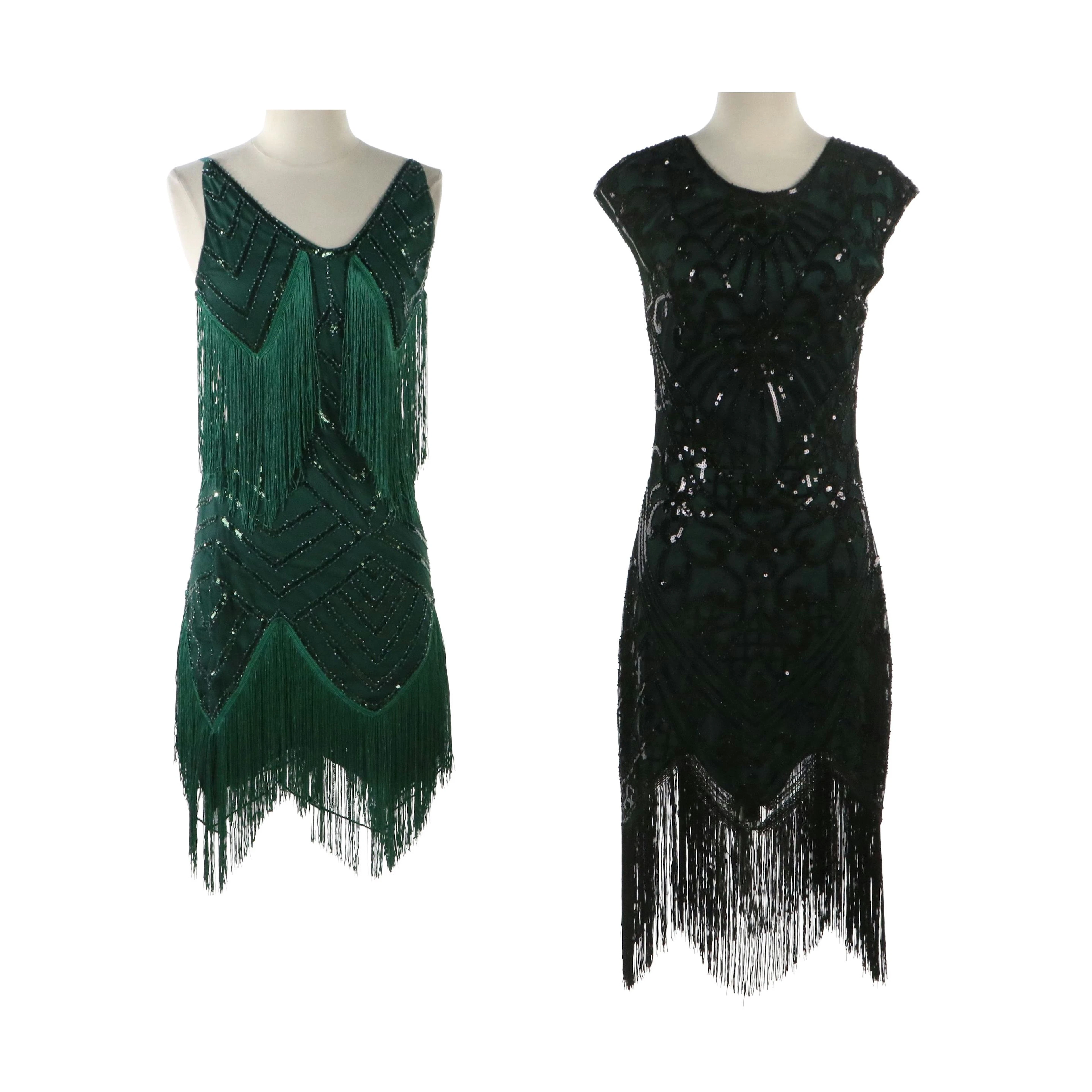 Yessa Dark Green and Black Embellished Flapper-Style Dresses, With Tags