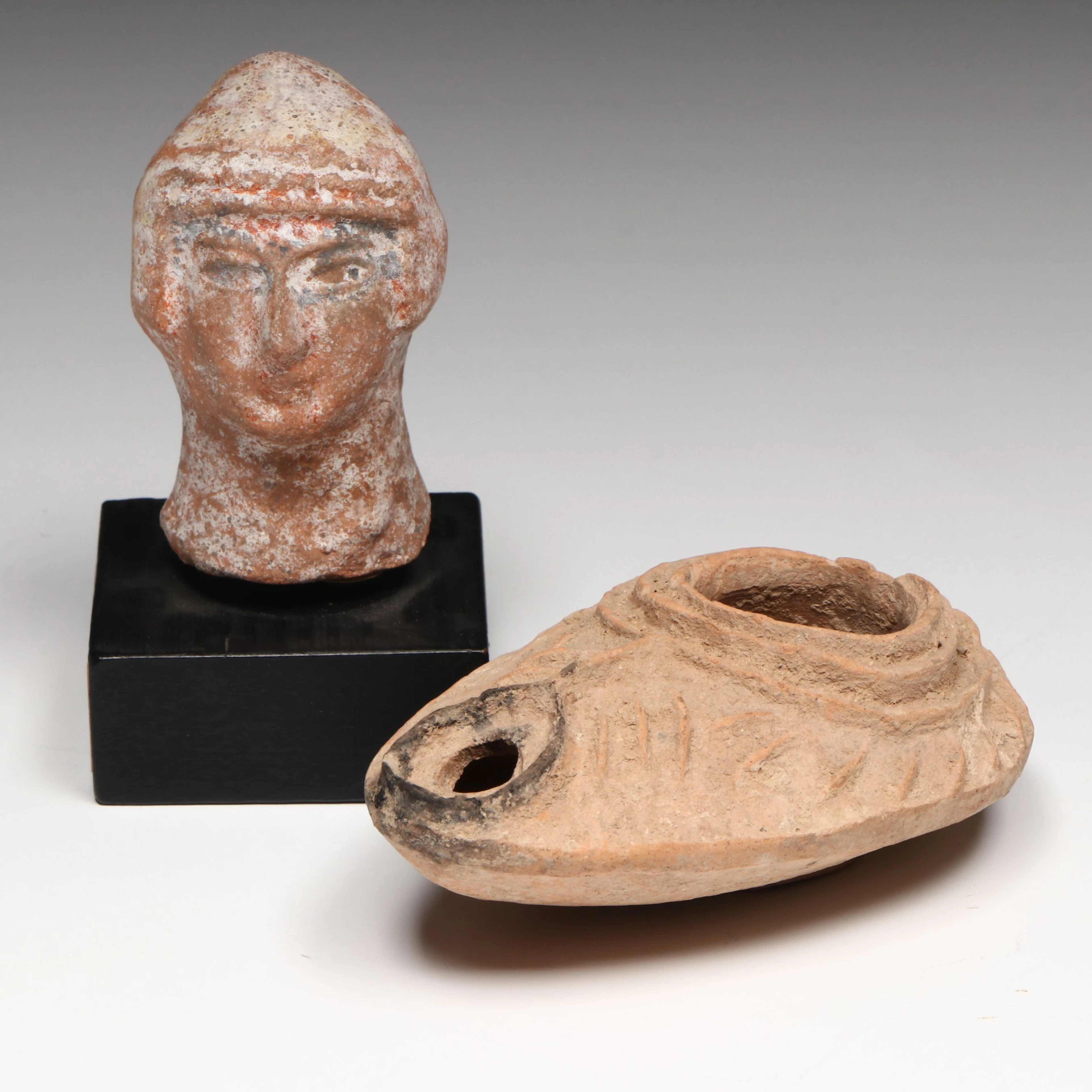 Ancient Byzantine Oil Lamp with Aroer Artarte Reproduction Head Fragment