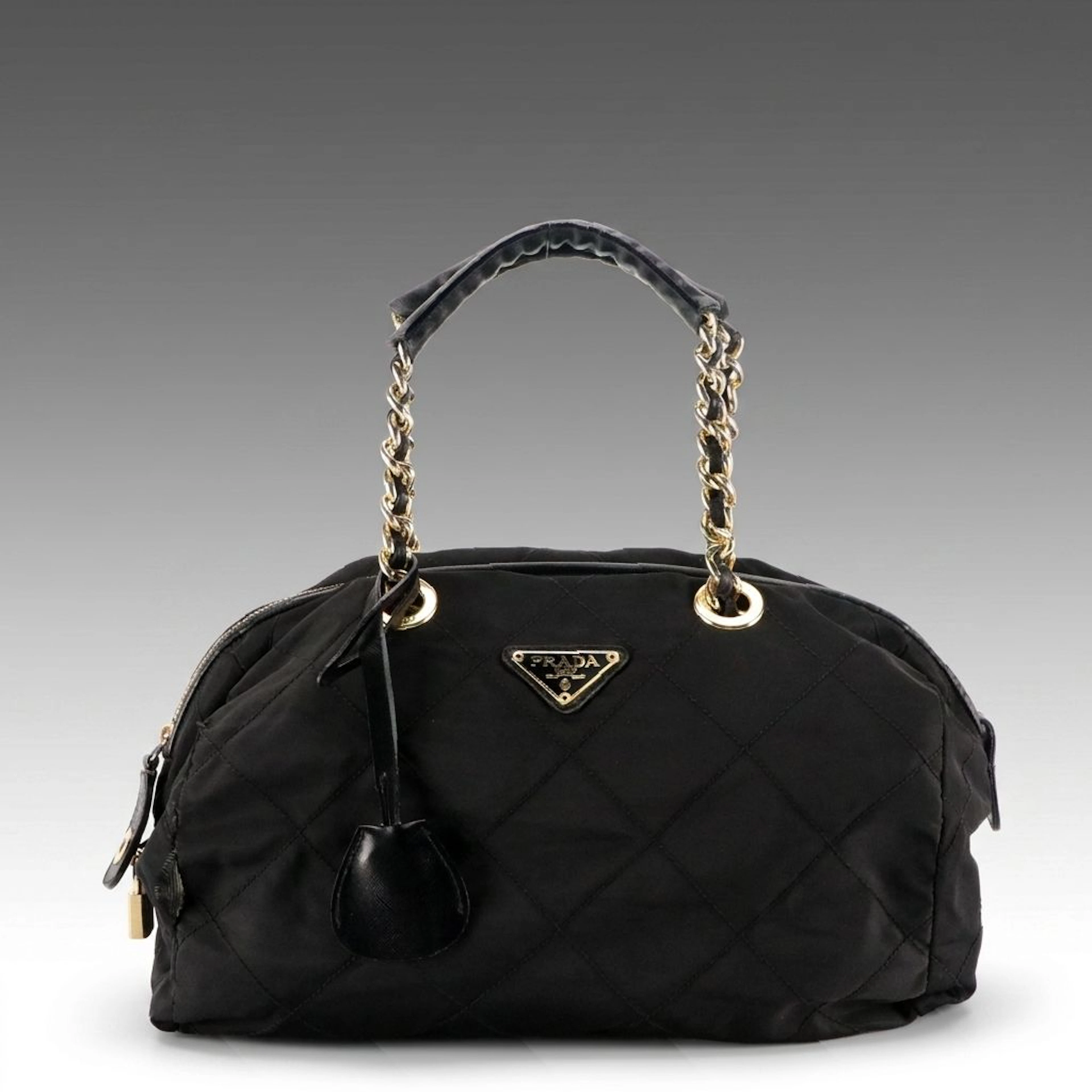 Prada Black Quilted Tessuto Nylon Triangular Logo Chain Tote Bag