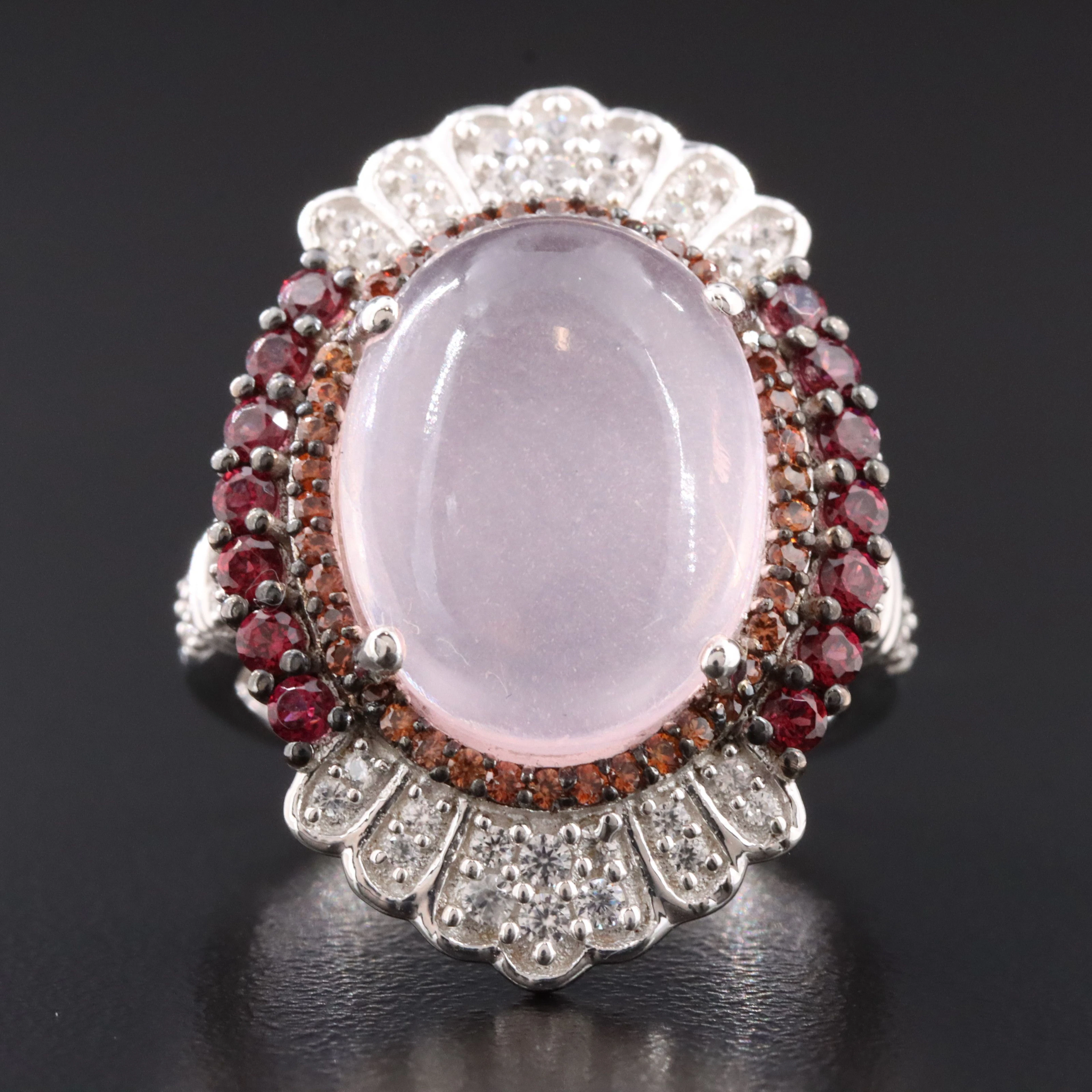 Sterling Rose Quartz, Zircon and Rhodolite Garnet Ring