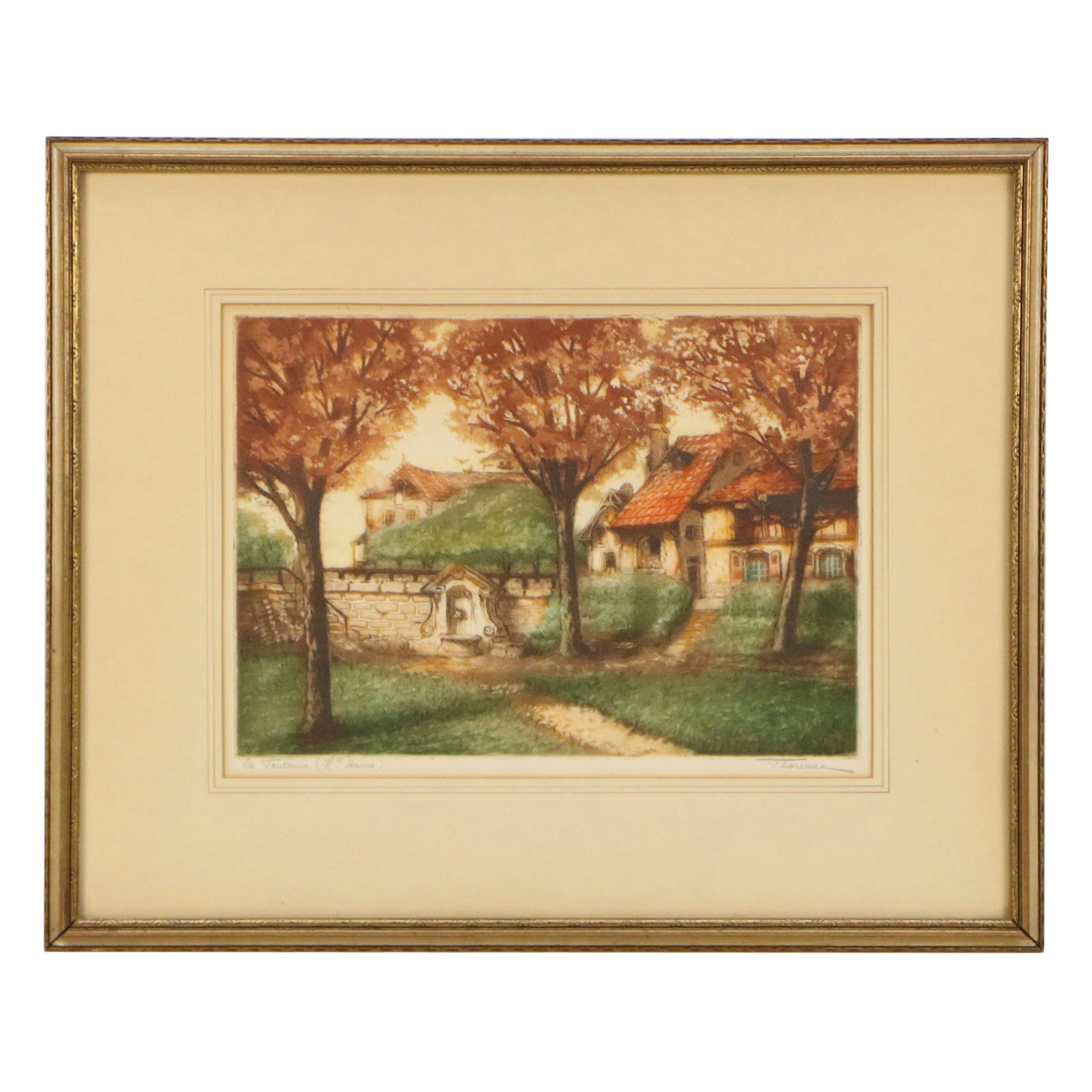 French School Etching with Aquatint à la Poupée "La Fontaine," Circa 1930s