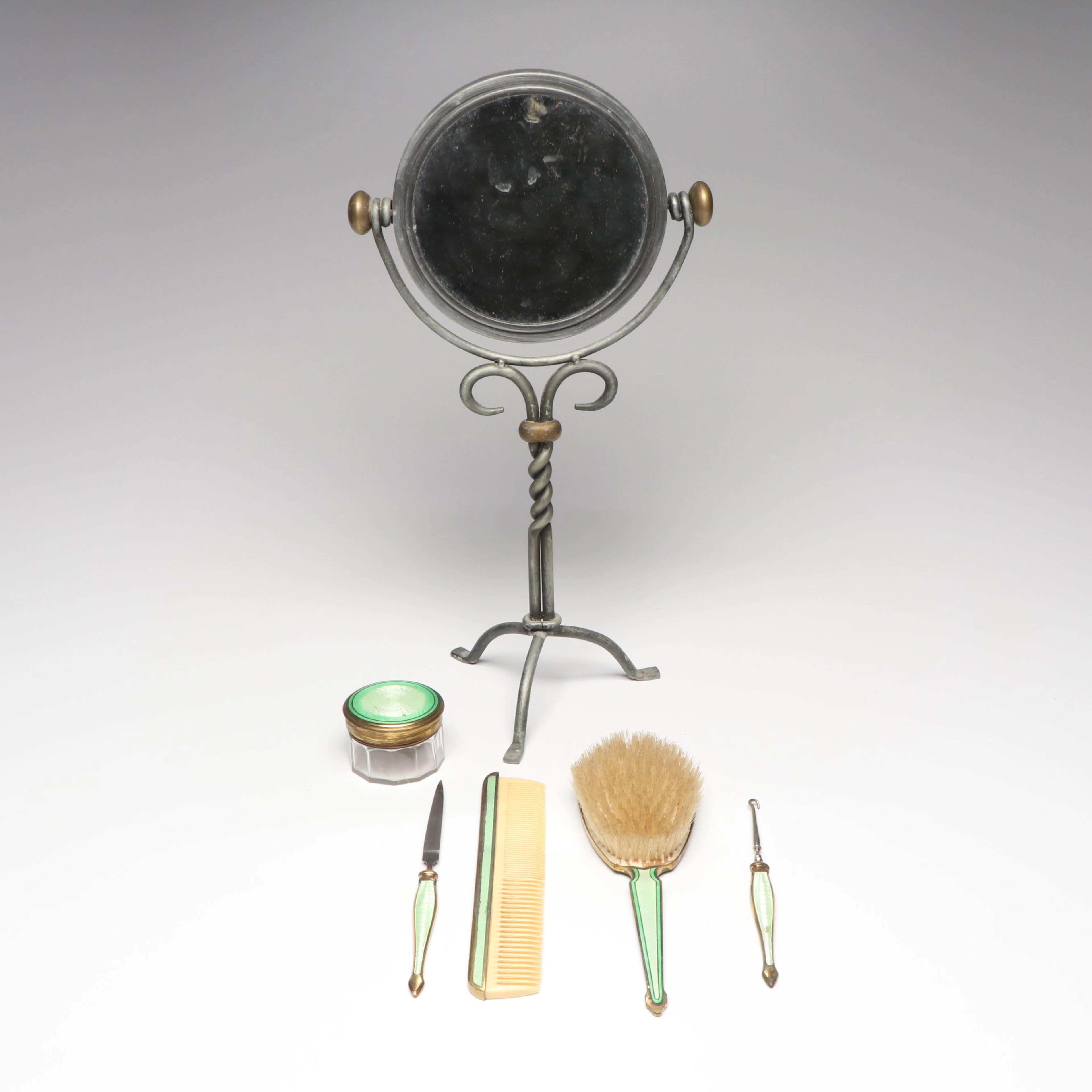 Vintage Austrian Green Celluloid Vanity Accessories with Decorative Mirror