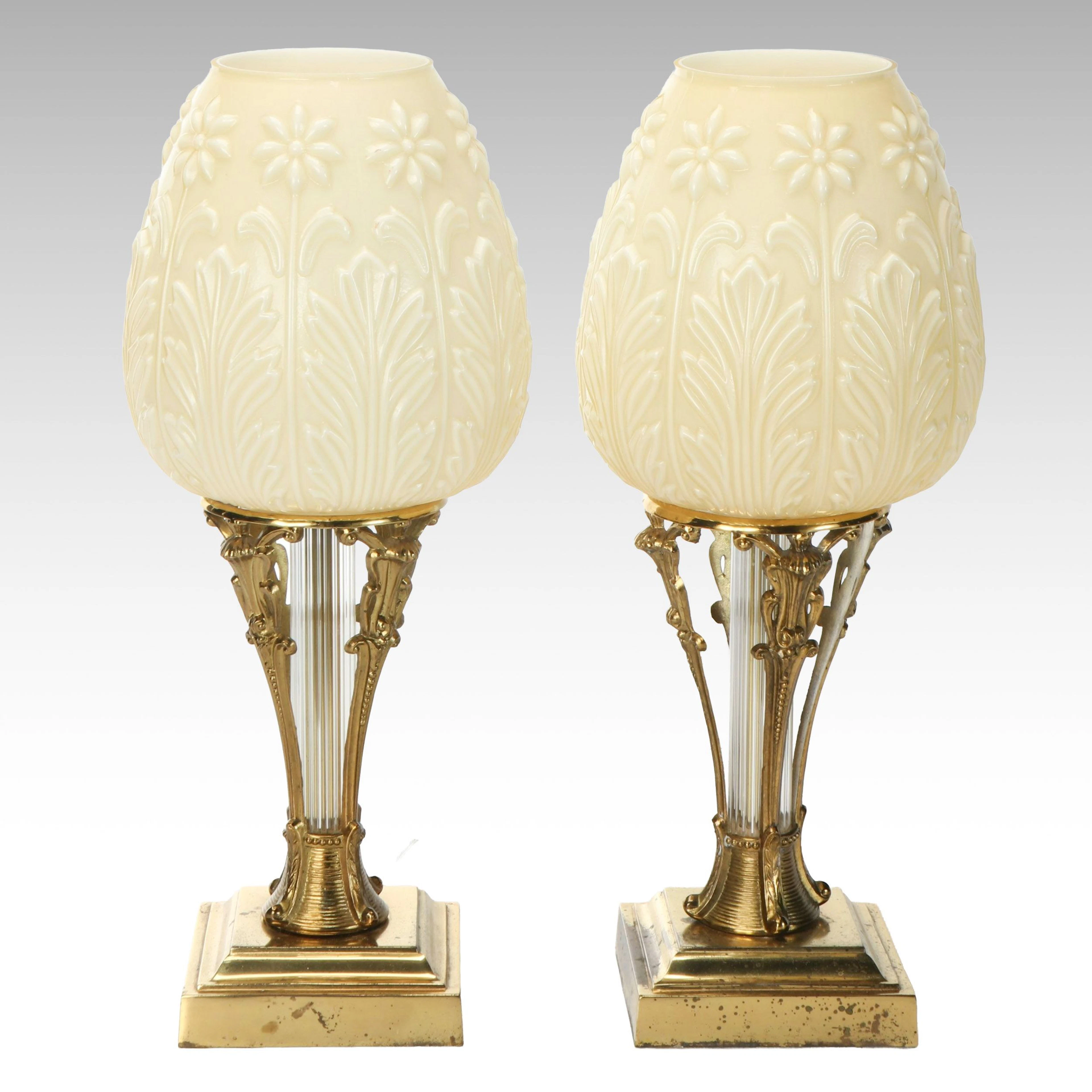 Pair of Neoclassical Style Brass Accent Lamps with Embossed Glass Shades