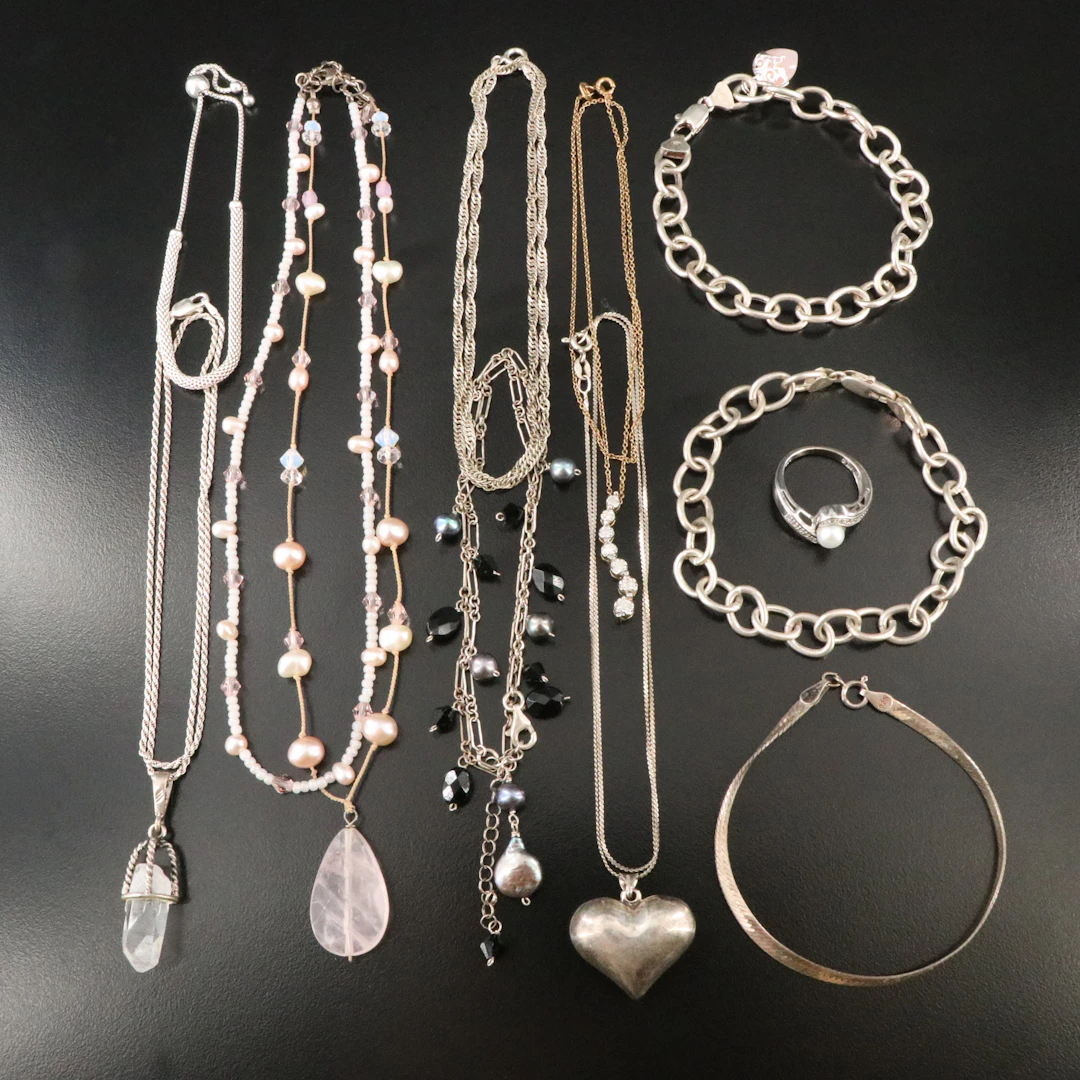 Rose Quartz, Pearl and Diamond Featured in Sterling Jewelry