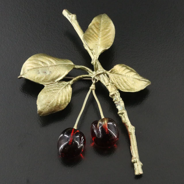 Michael Michaud "Morello" Articulated Glass Cherry Brooch