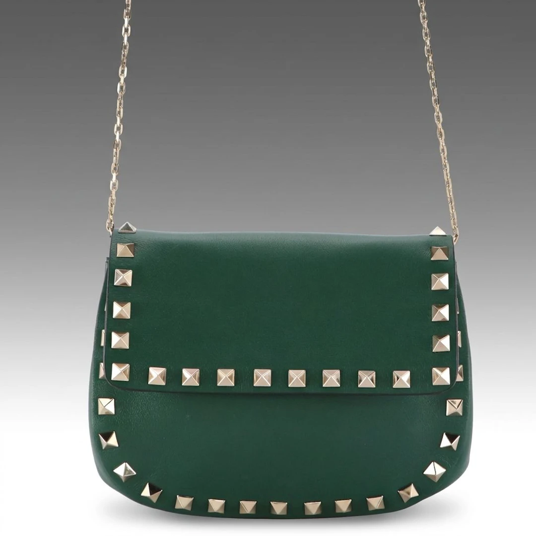 Valentino Garavani Mini Front Flap Crossbody Bag in Rockstud Dark Green Leather