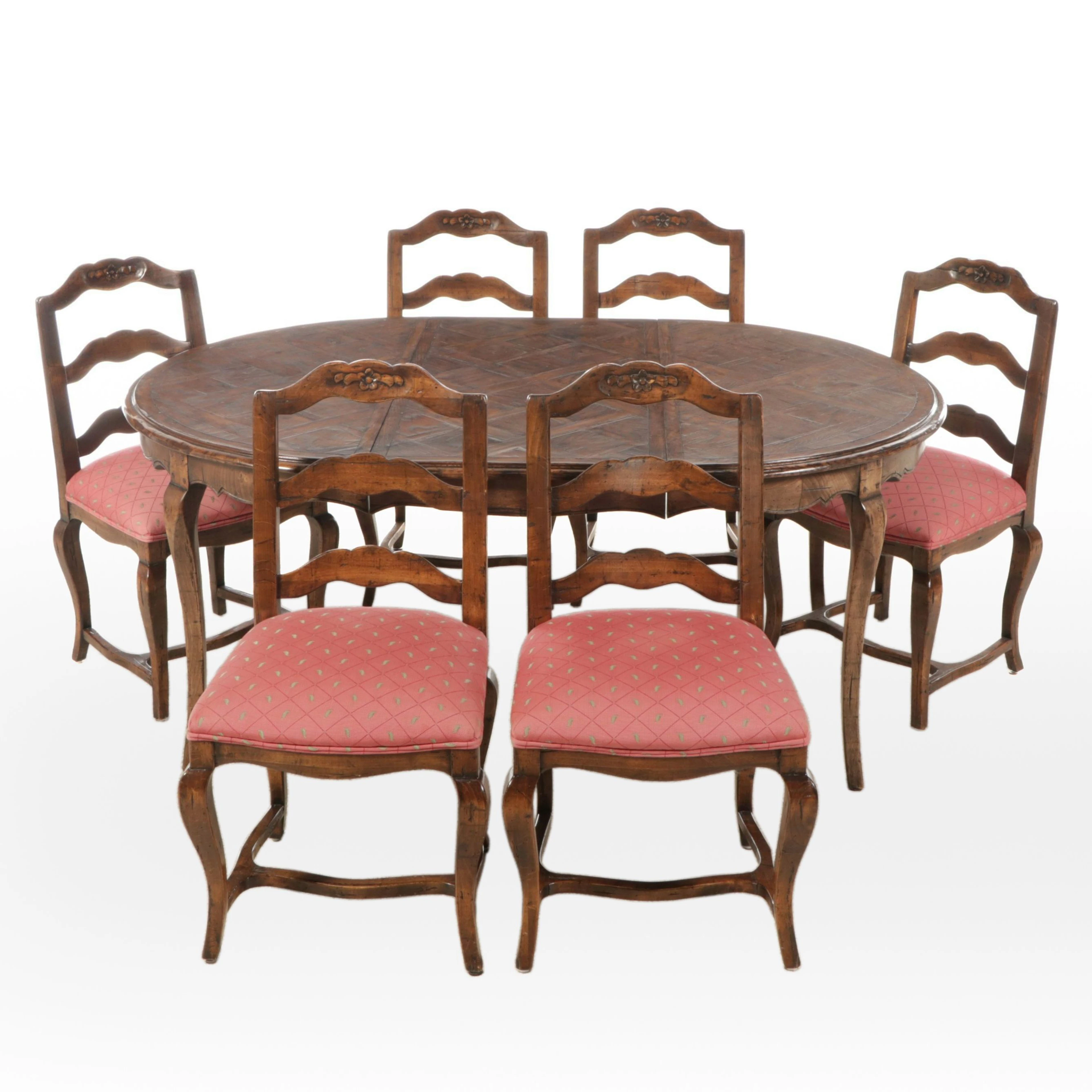 Seven Piece Walnut Finish French Provincial Style Dining Set