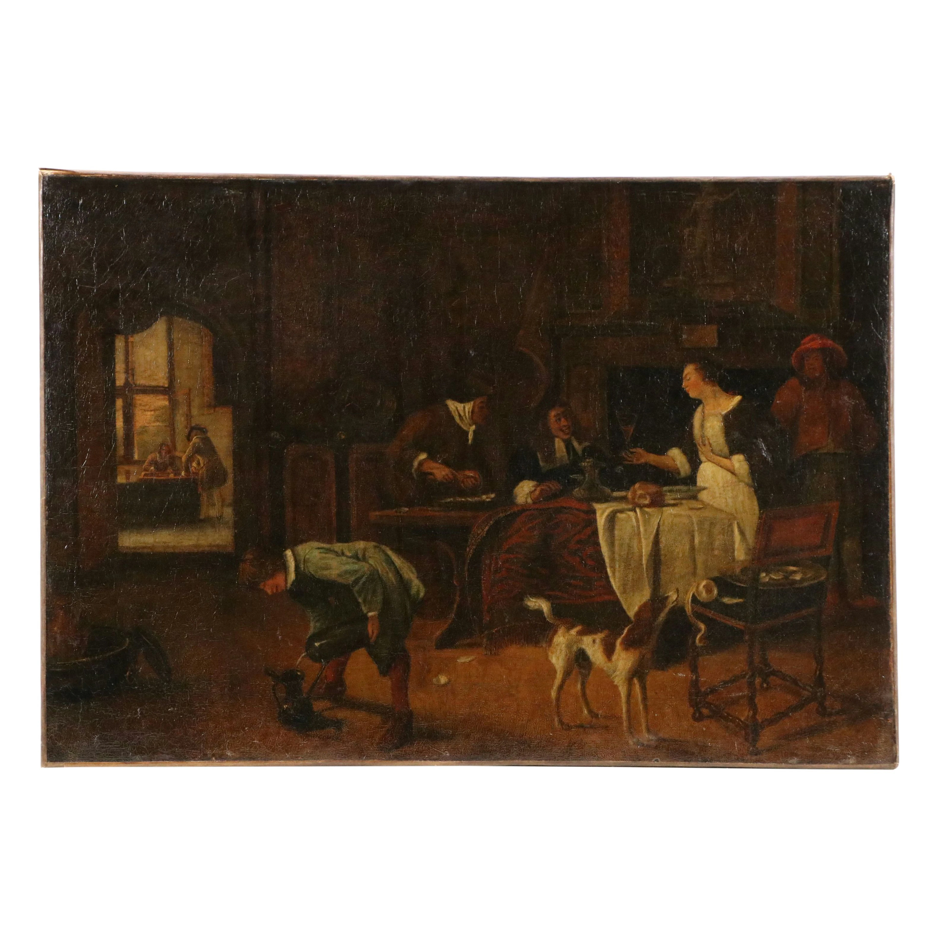 European School Tavern Genre Oil Painting, 19th Century