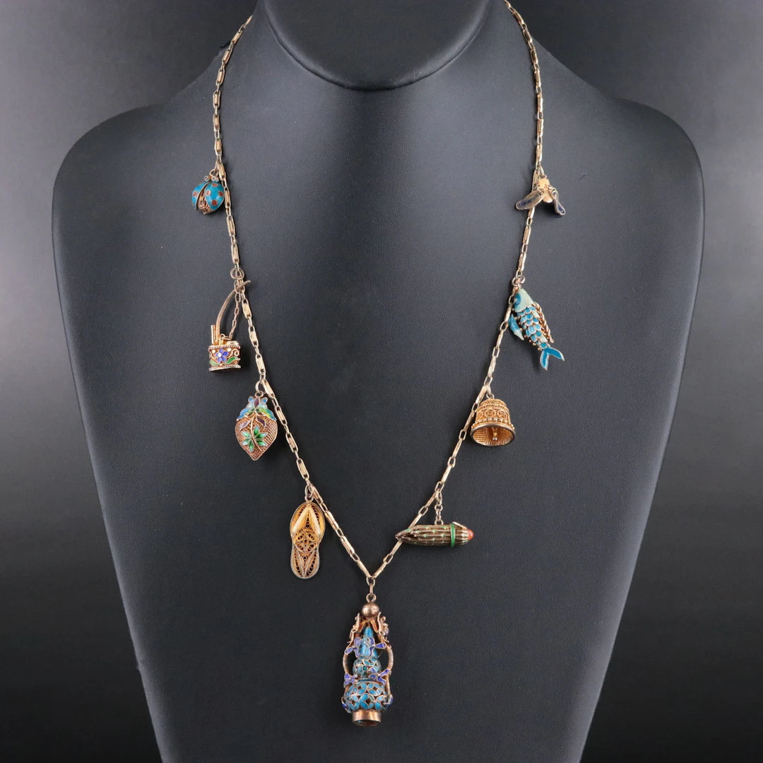 Vintage Chinese Export 800 & 900 Silver & Sterling Cloisonné Charm Necklace