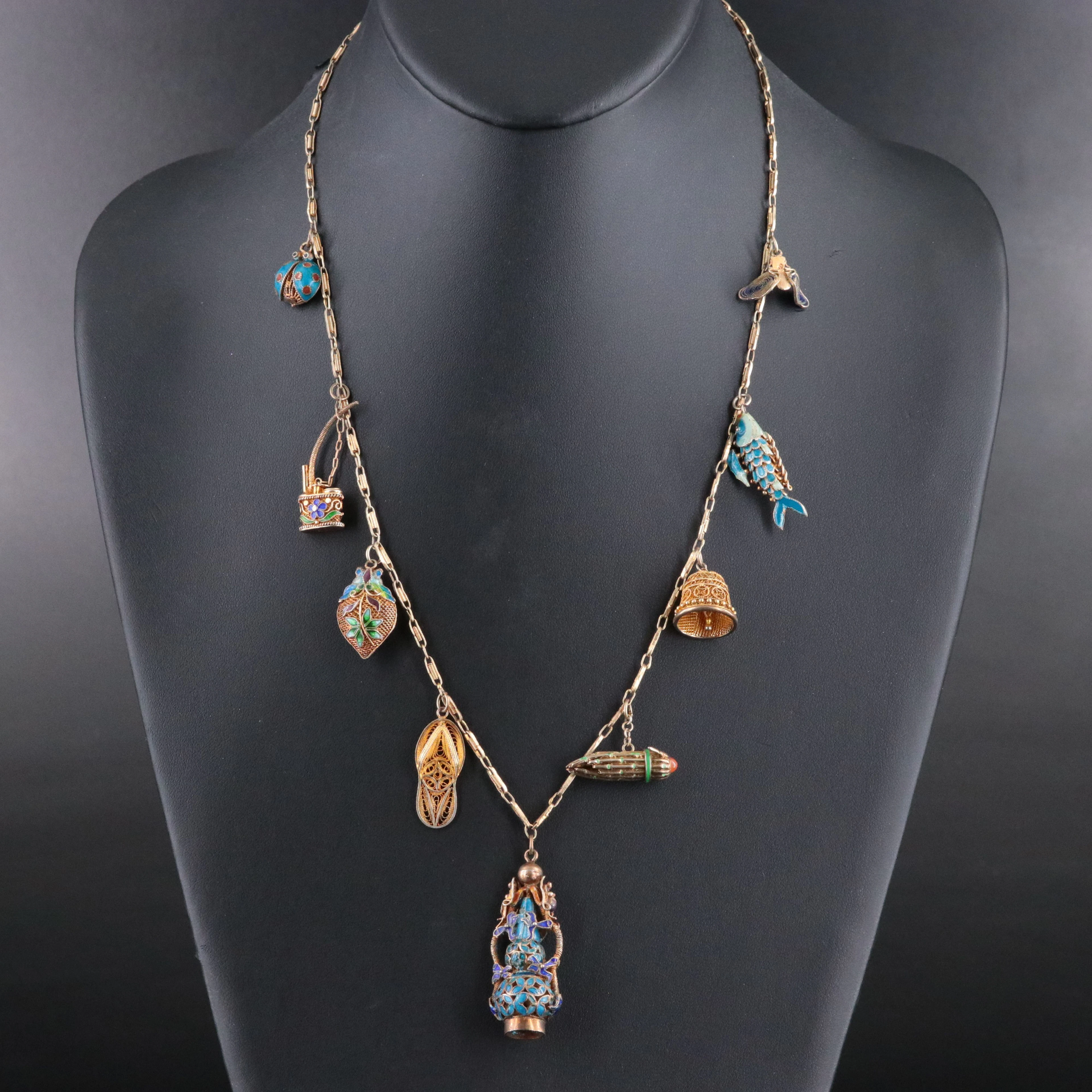 Vintage Chinese Export 800 & 900 Silver & Sterling Cloisonné Charm Necklace