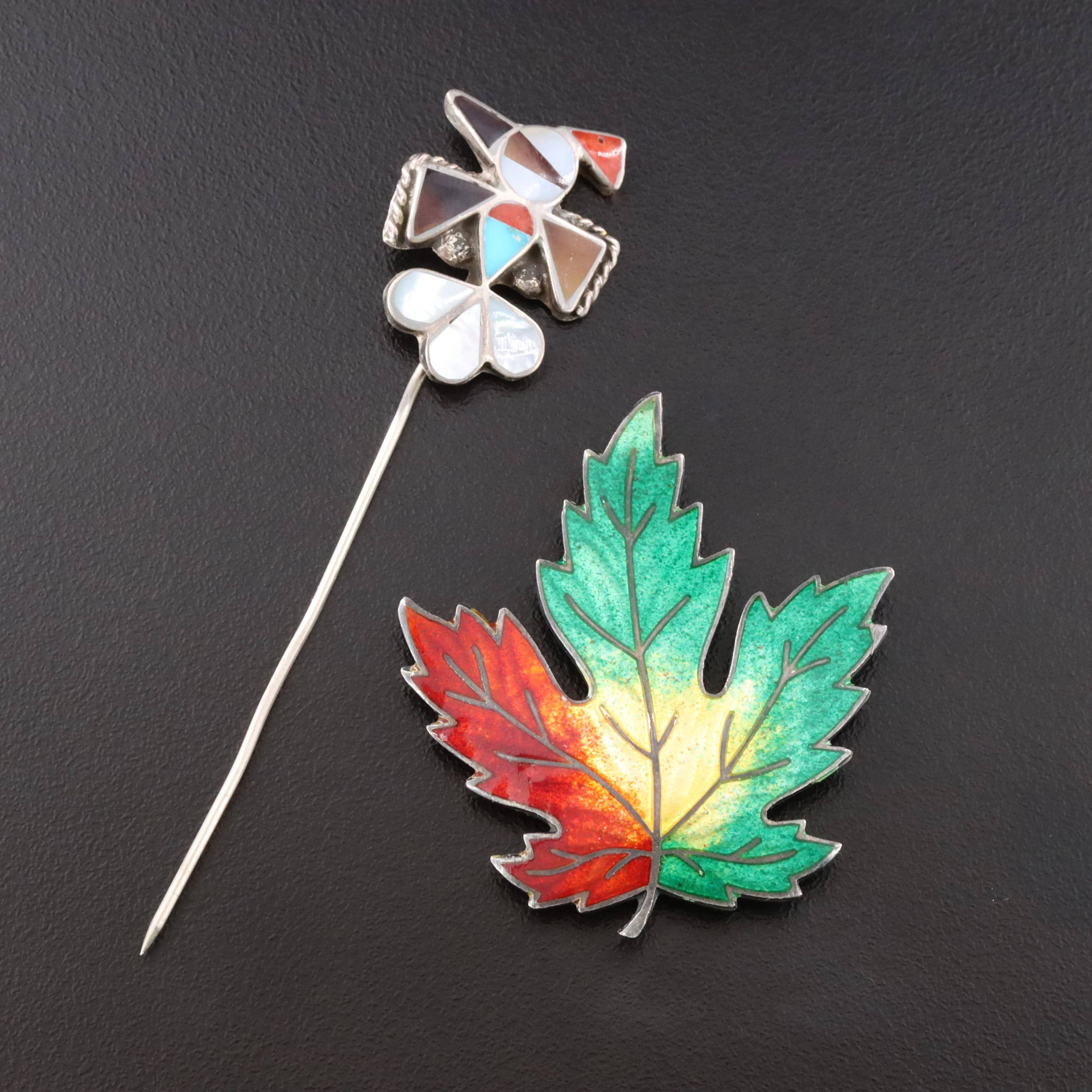Sterling Maple Leaf Brooch and Southwestern Thunderbird Stickpin