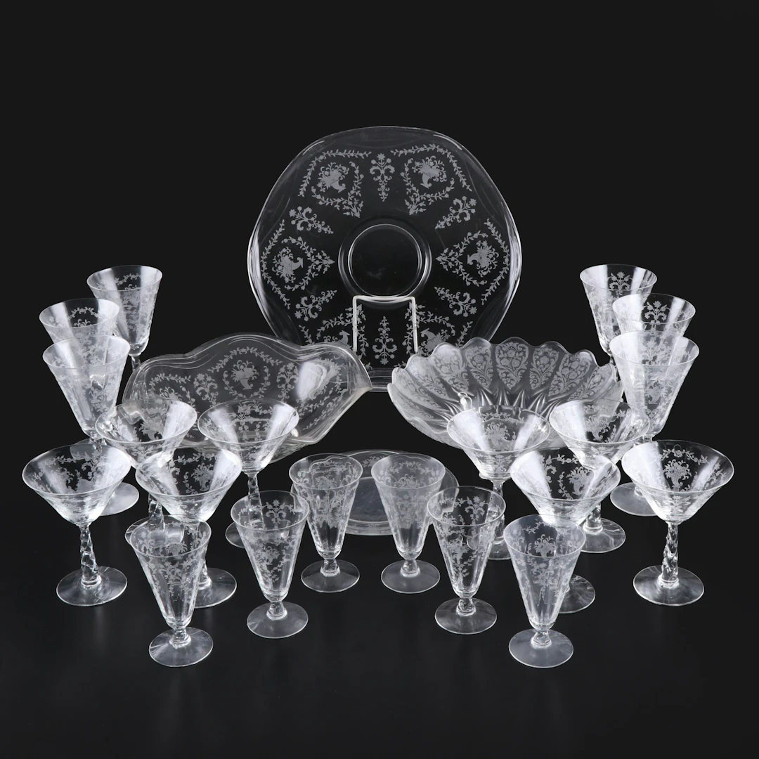 Fostoria "Mayflower" Stemware and More Etched Glassware, Mid-20th Century