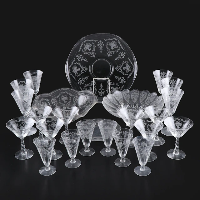 Fostoria "Mayflower" Stemware and More Etched Glassware, Mid-20th Century
