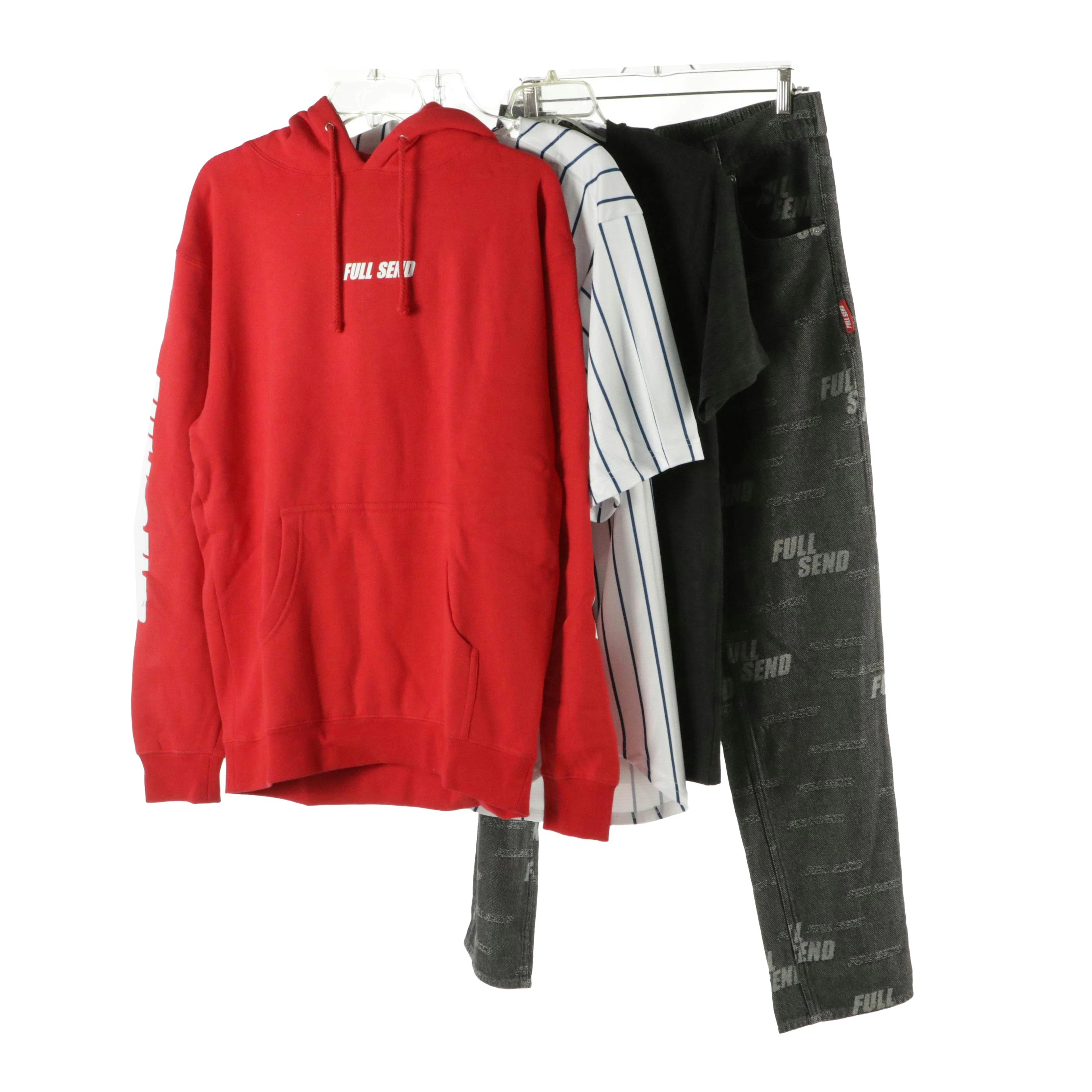 Men's Full Send Red Cotton Logo Hoodie, Baseball Jersey, T-Shirt and Jeans