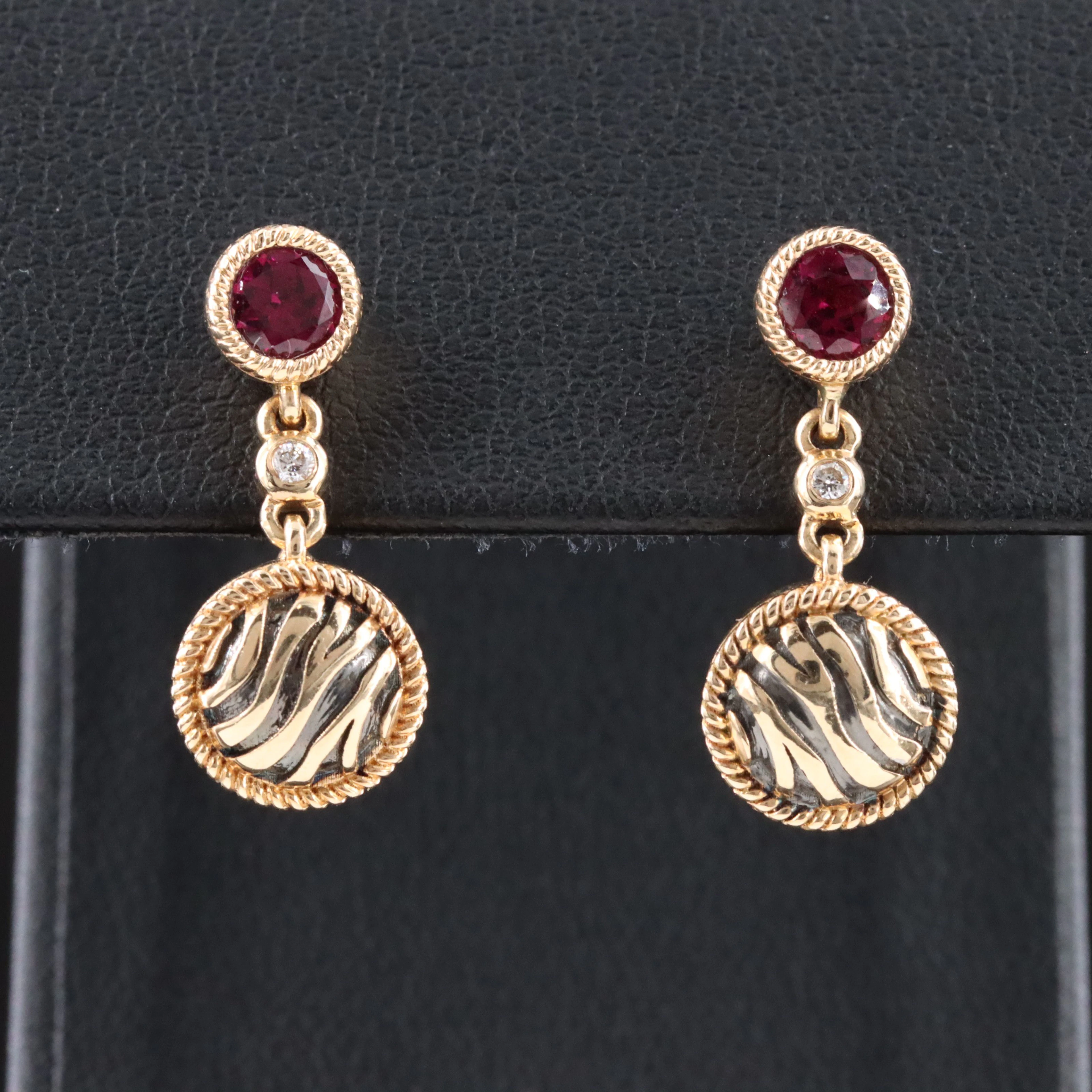 14K Rhodolite Garnet and Diamond Animal Print Medallion Drop Earrings