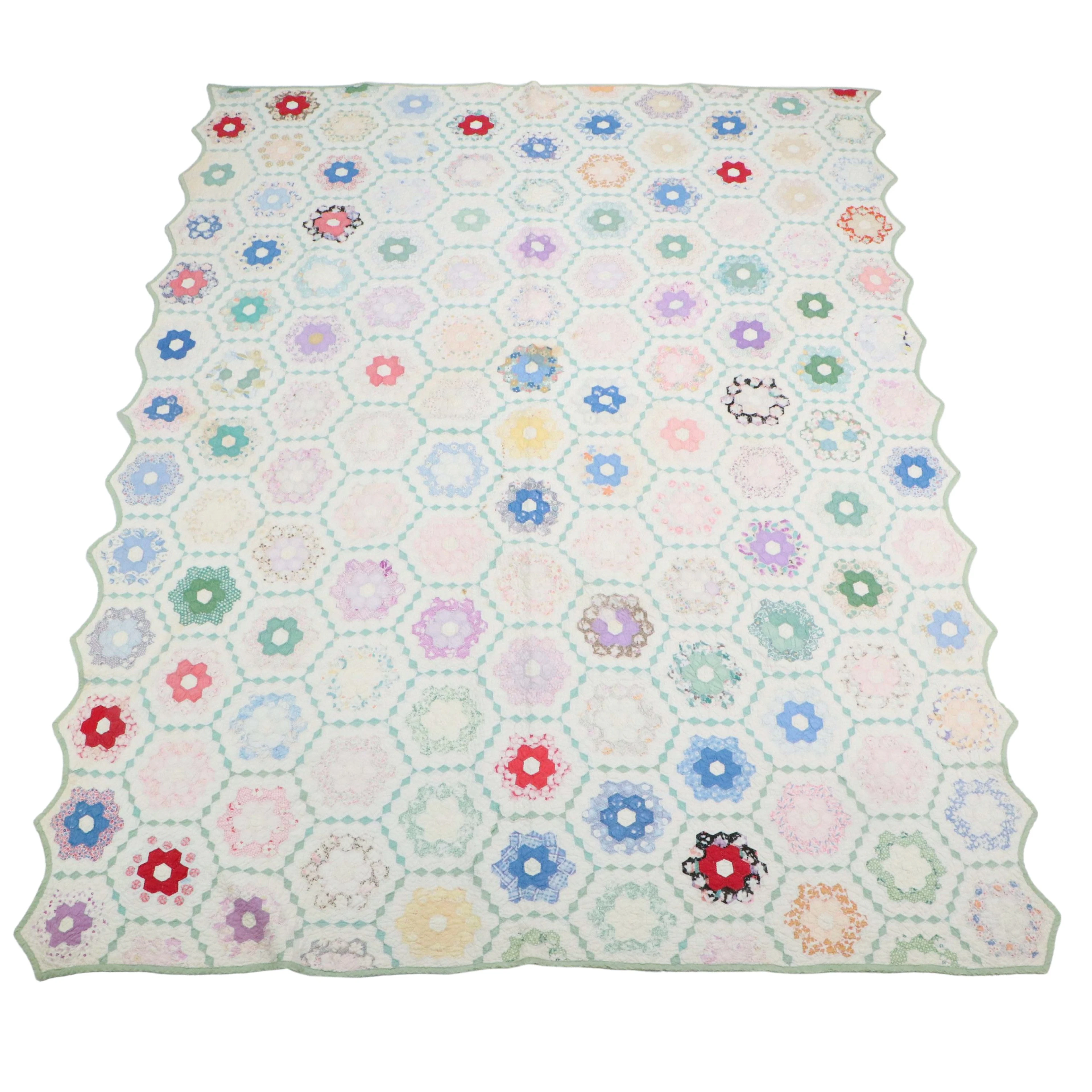 Handcrafted "Grandmother's Flower Garden" Cotton Quilt, Vintage