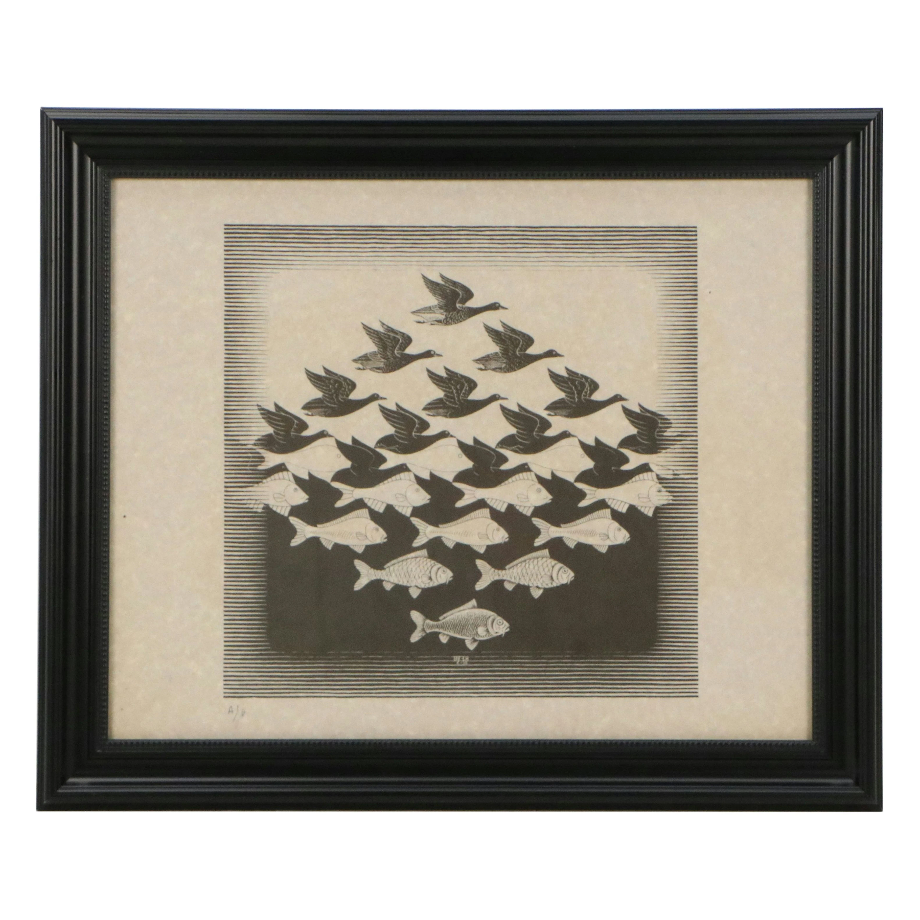 Woodcut After M.C. Escher "Sky and Water I"