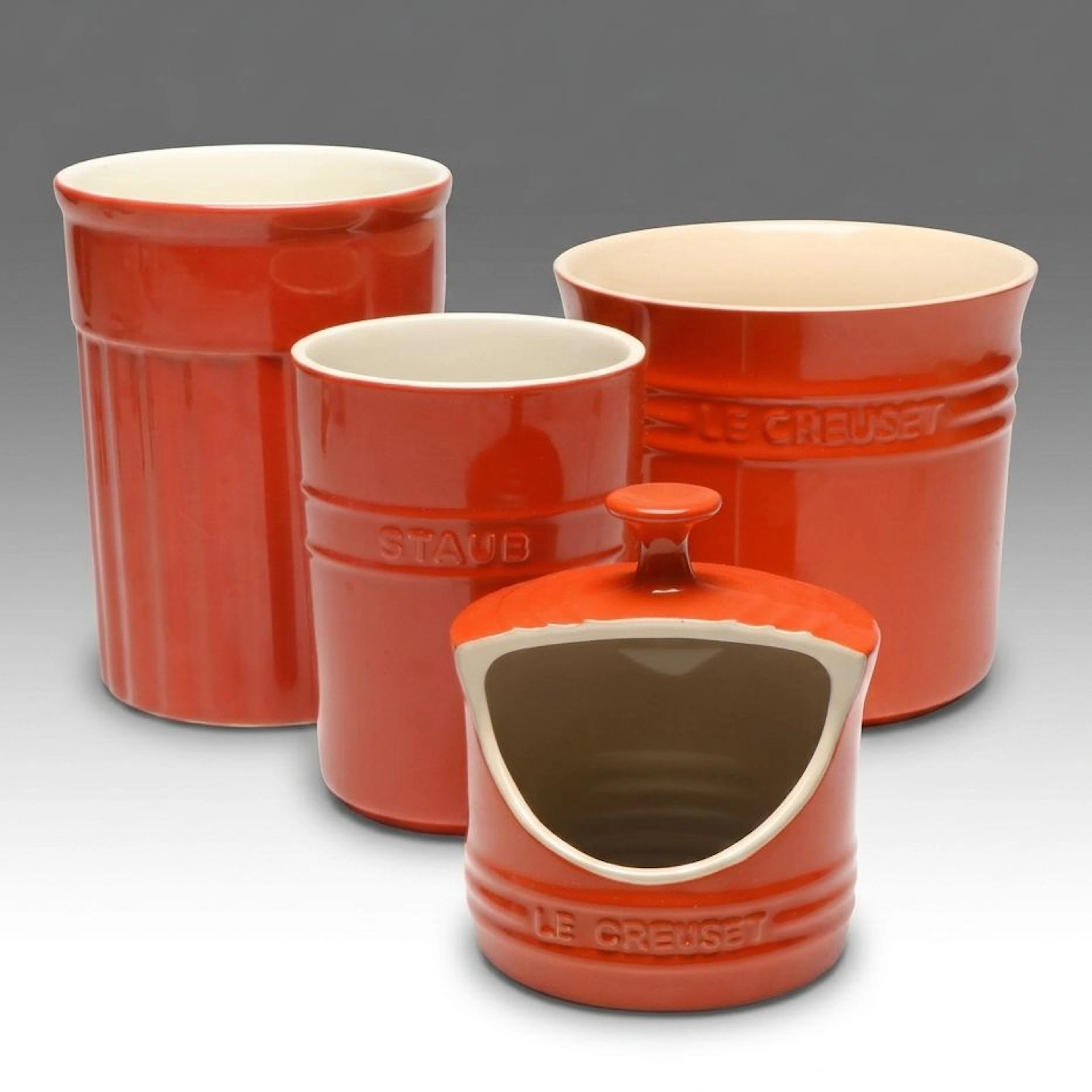 Le Creuset "Red Apple" Salt Crock and Utensil Holder with More Ceramic Crocks