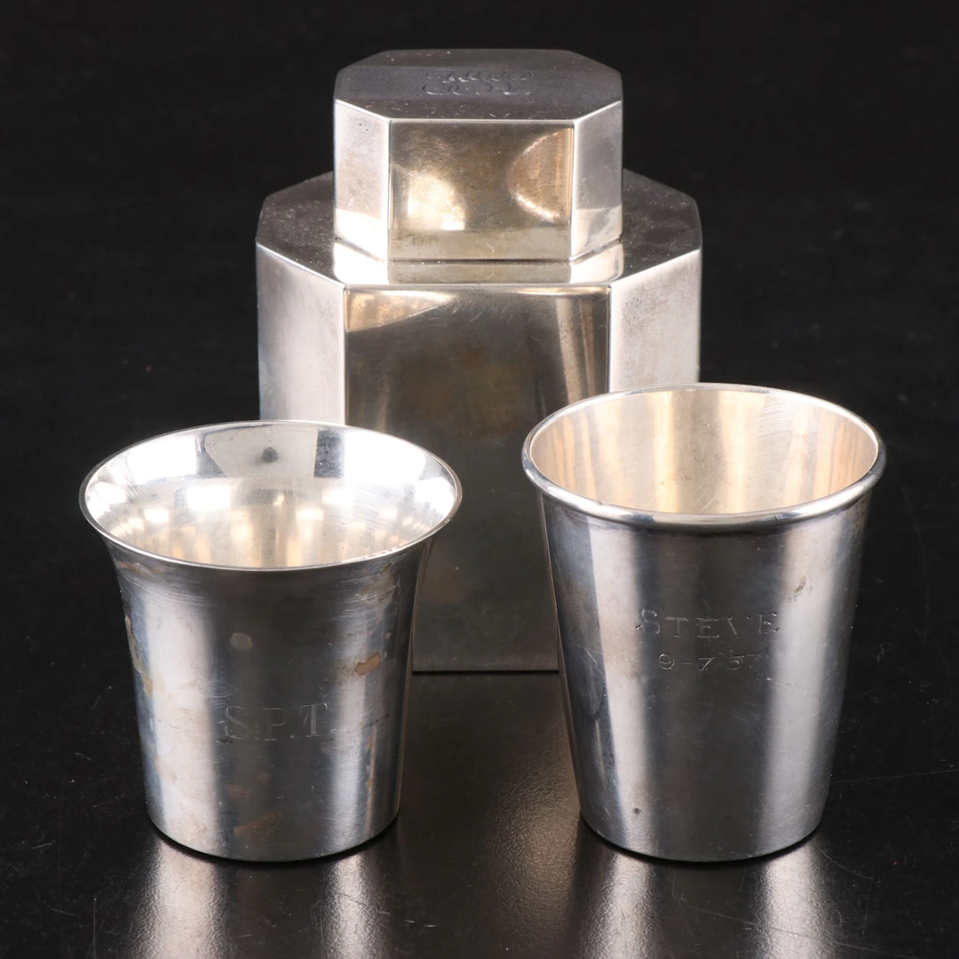 Gorham Sterling Silver Tea Caddy with Wolfenden and Boardman Shot Glasses